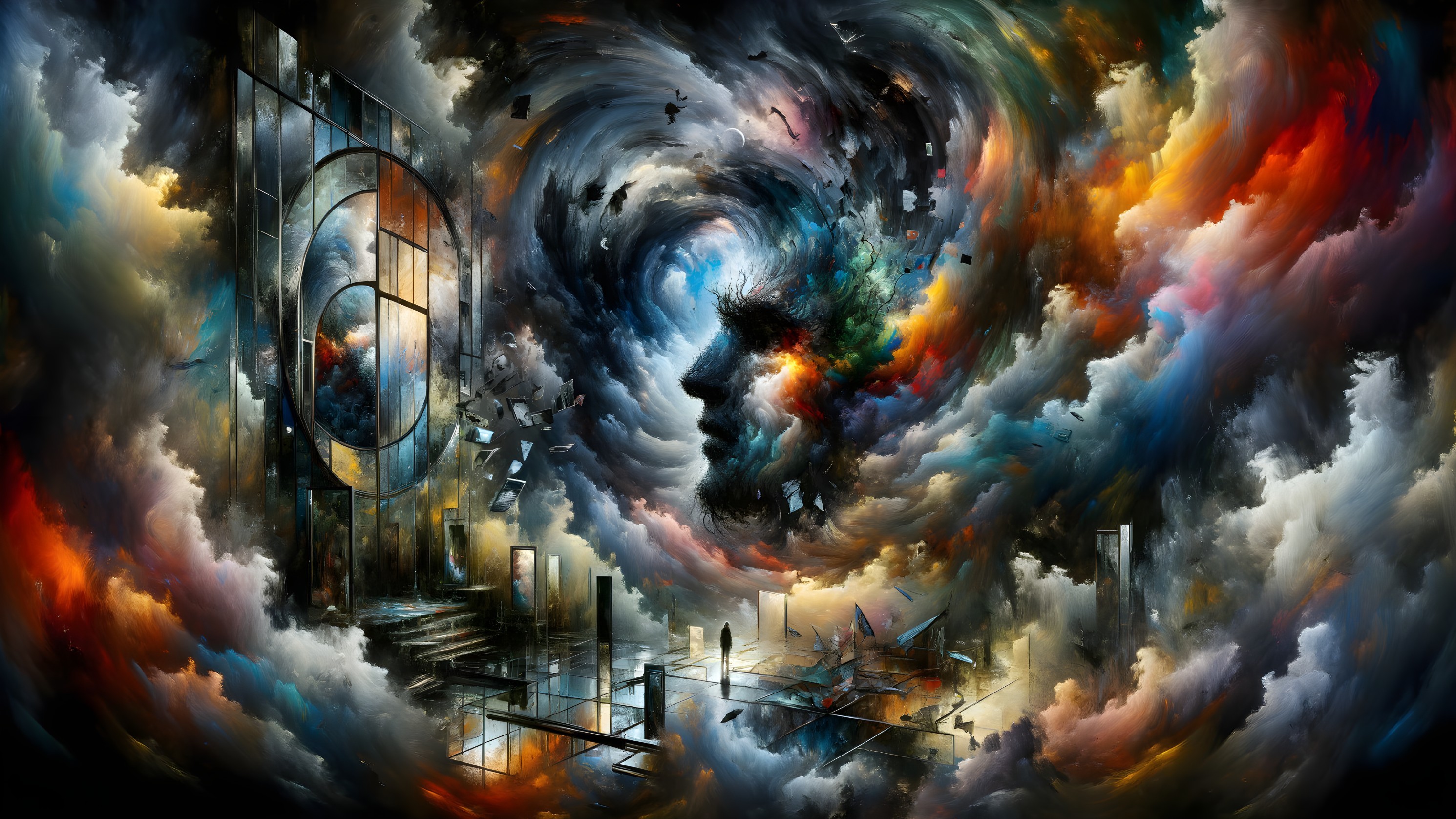 Surreal Scene with Fragmented Face and Vibrant Colors