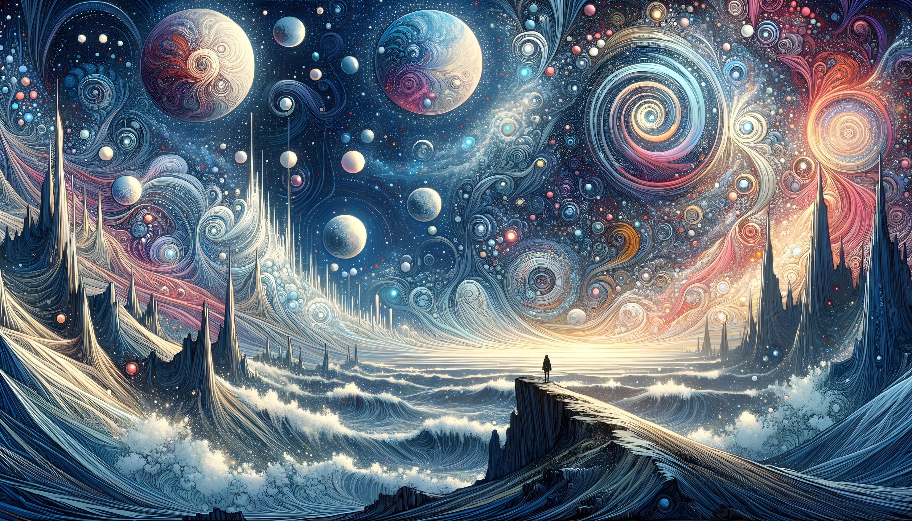 Surreal Cosmic Landscape with Galaxies and Planets