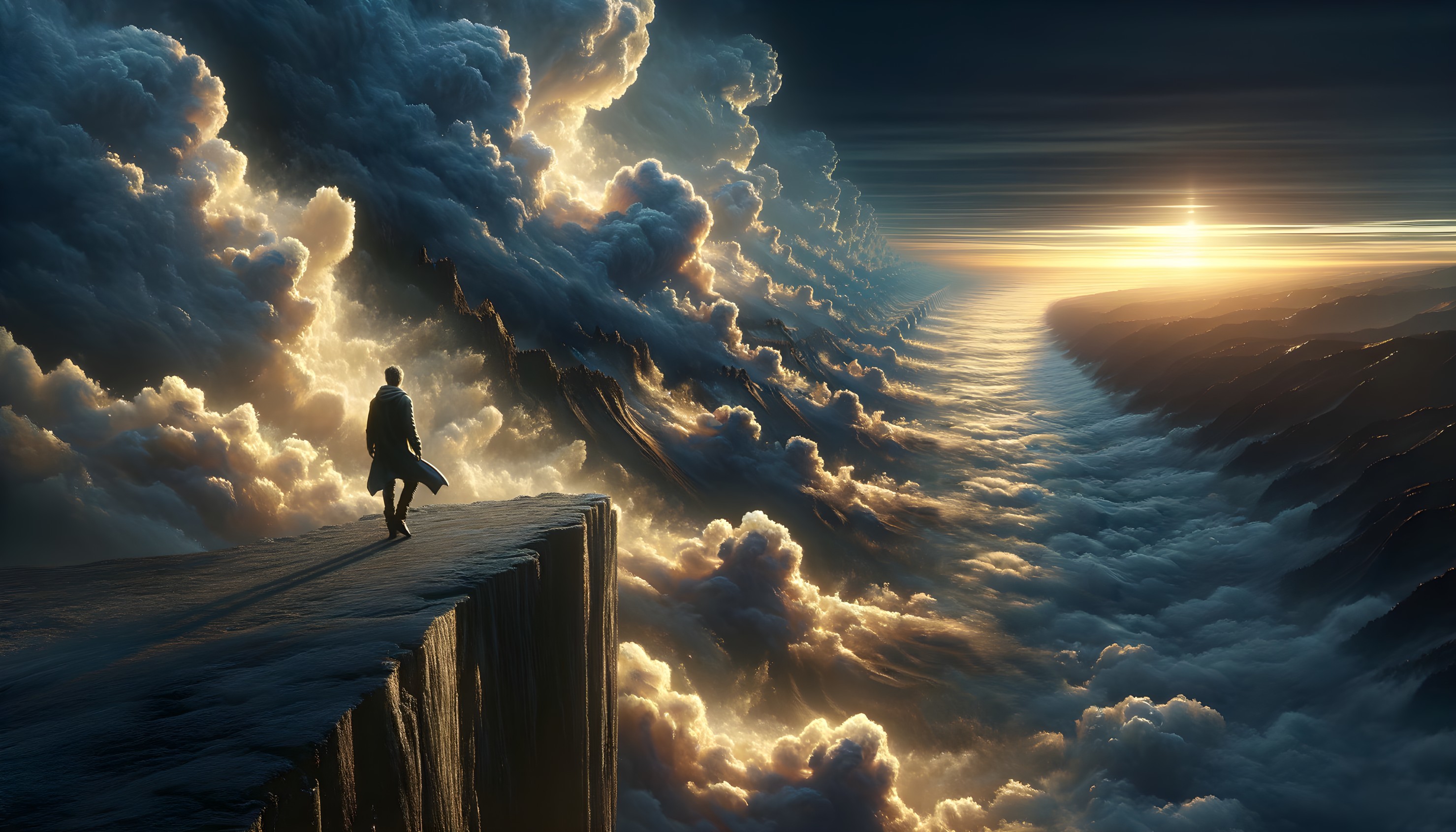 Silhouette on Cliff Against Golden Sunrise and Clouds