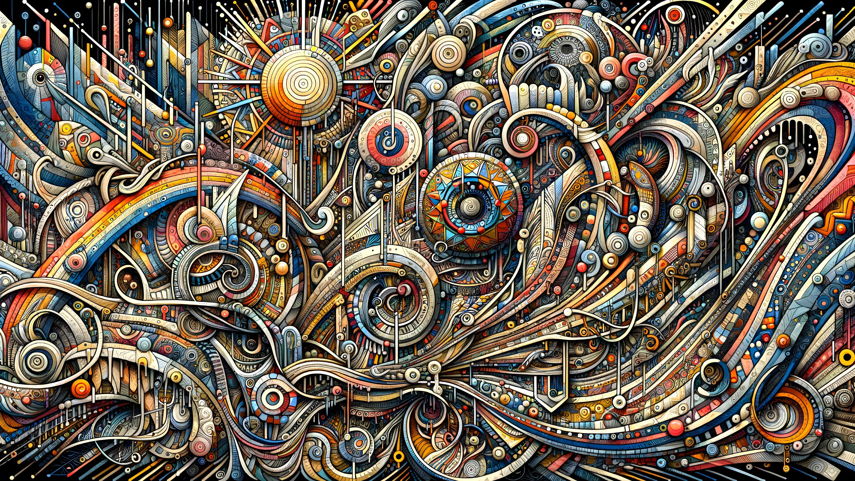 Vibrant Abstract Composition with Swirling Lines and Shapes