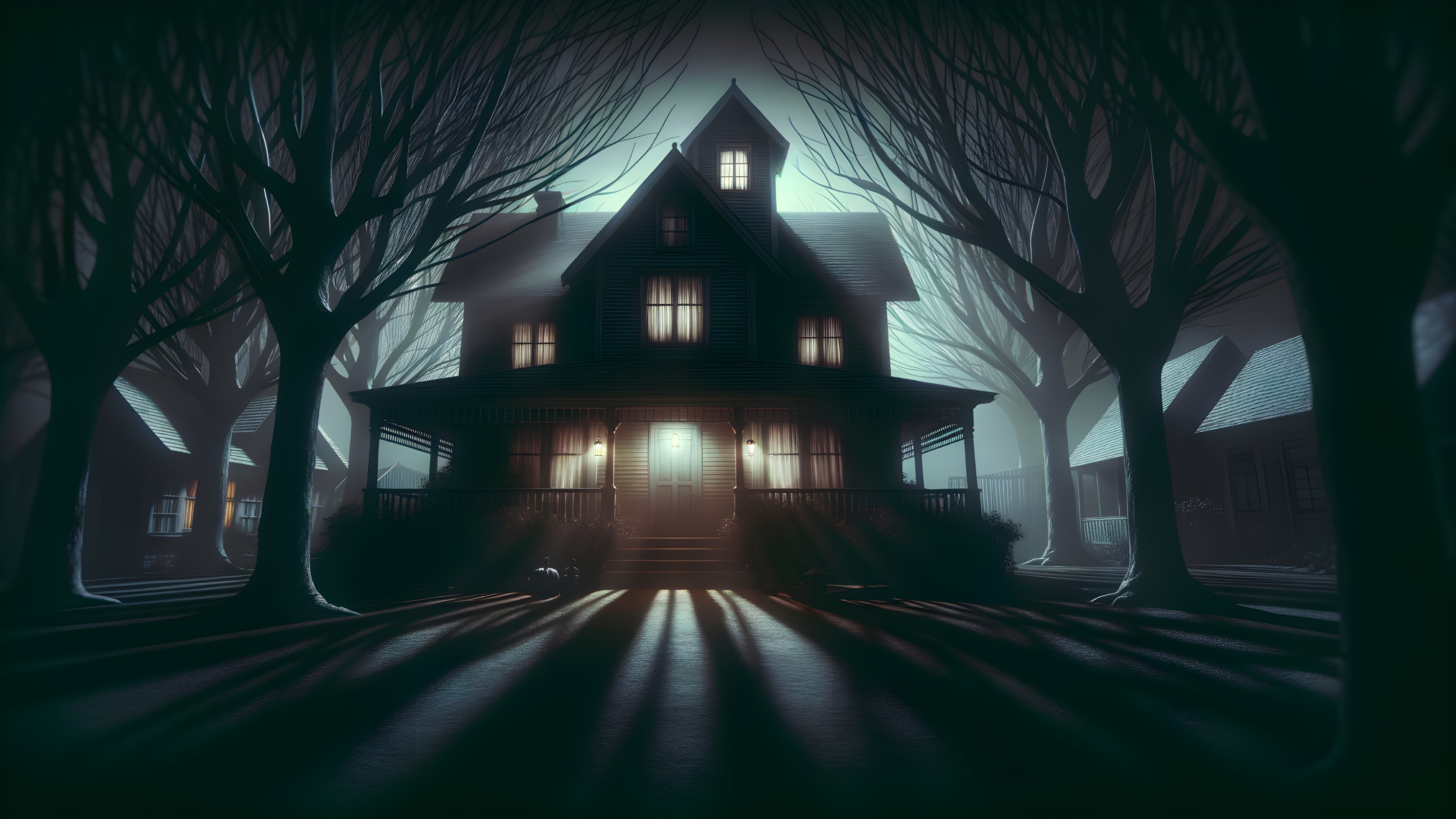 Eerie House Surrounded by Skeletal Trees and Mist