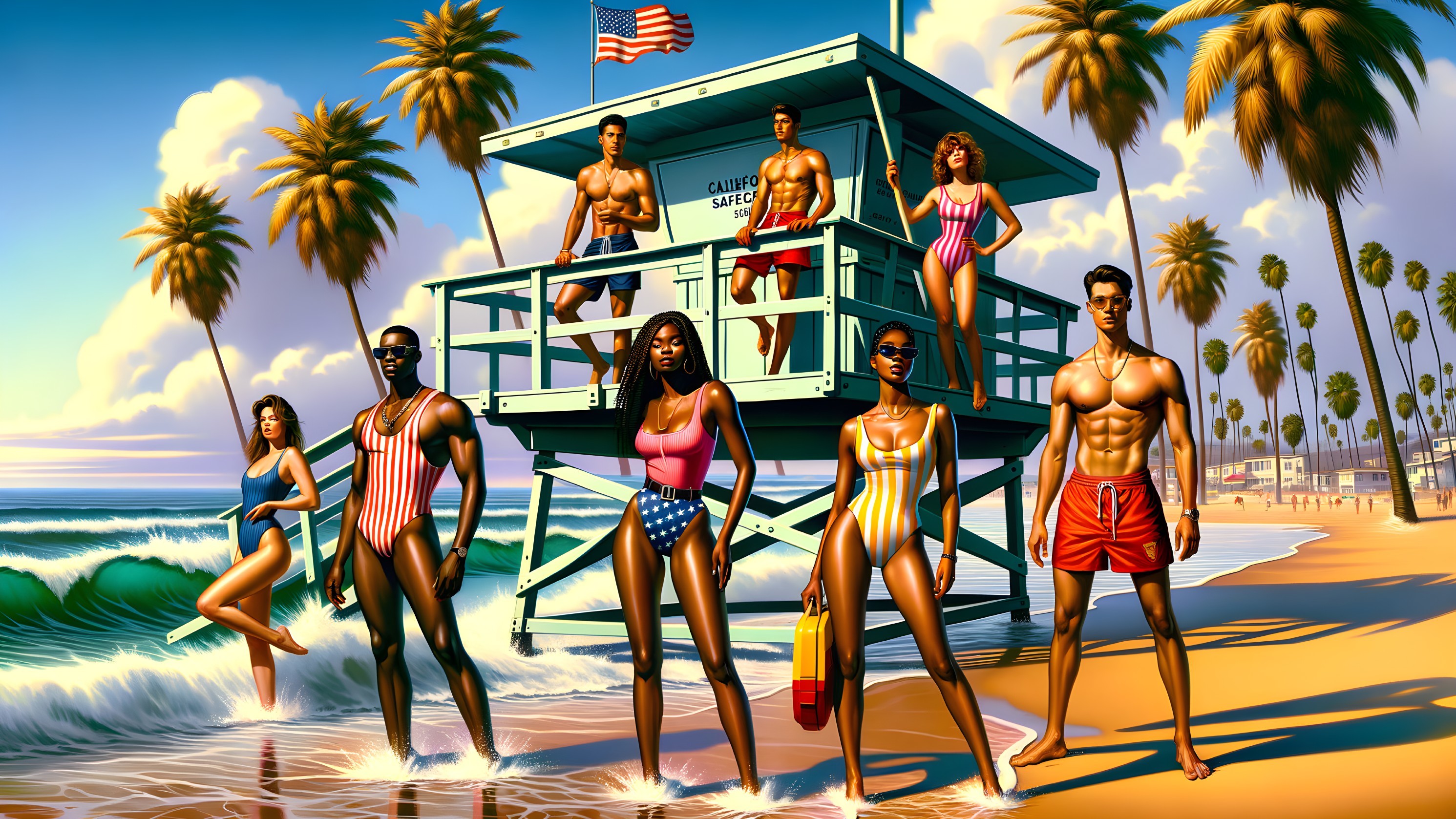 Vibrant Beach Scene with Diverse Lifeguards and Palm Trees