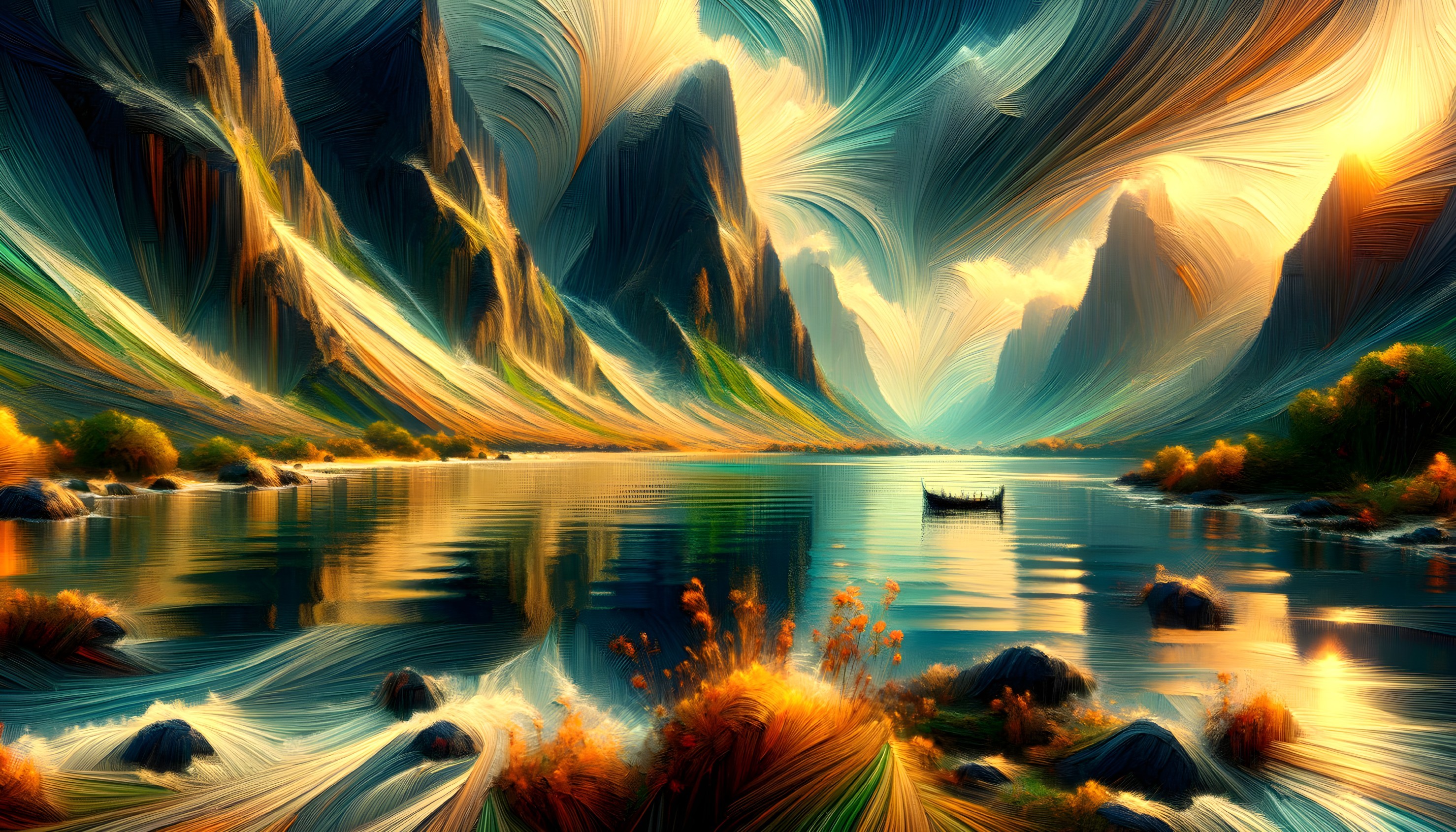 Fantastical landscape digital painting with cliffs, river, colors, and boat