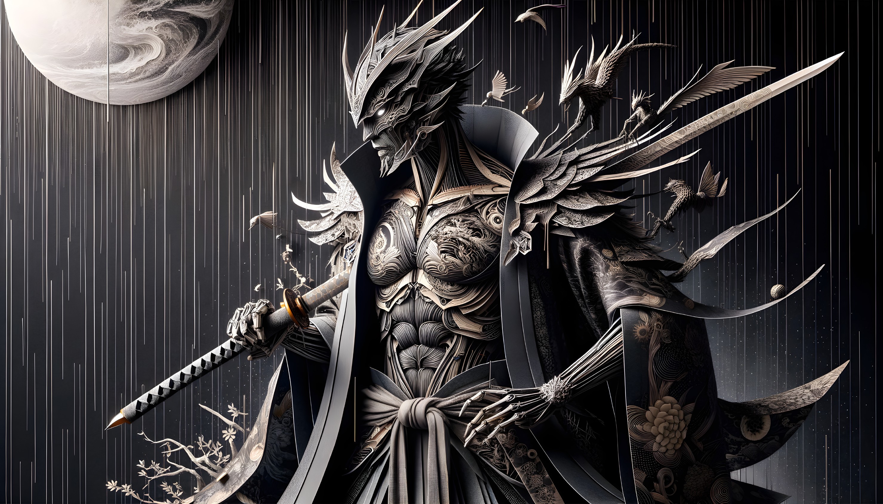 Elegant Figure in Intricate Armor Against Dark Backdrop