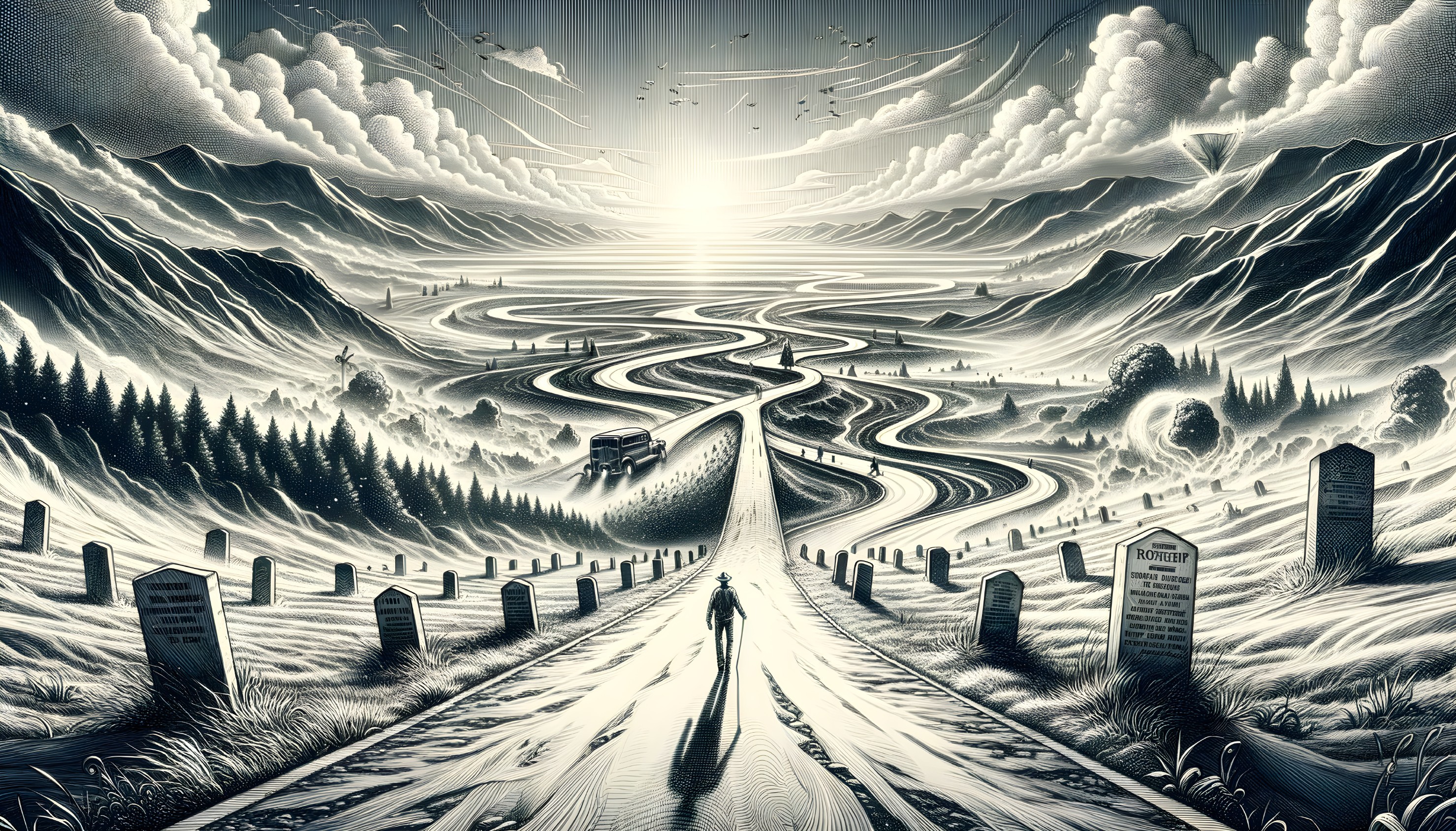 Surreal Landscape with Winding Road and Gravestones