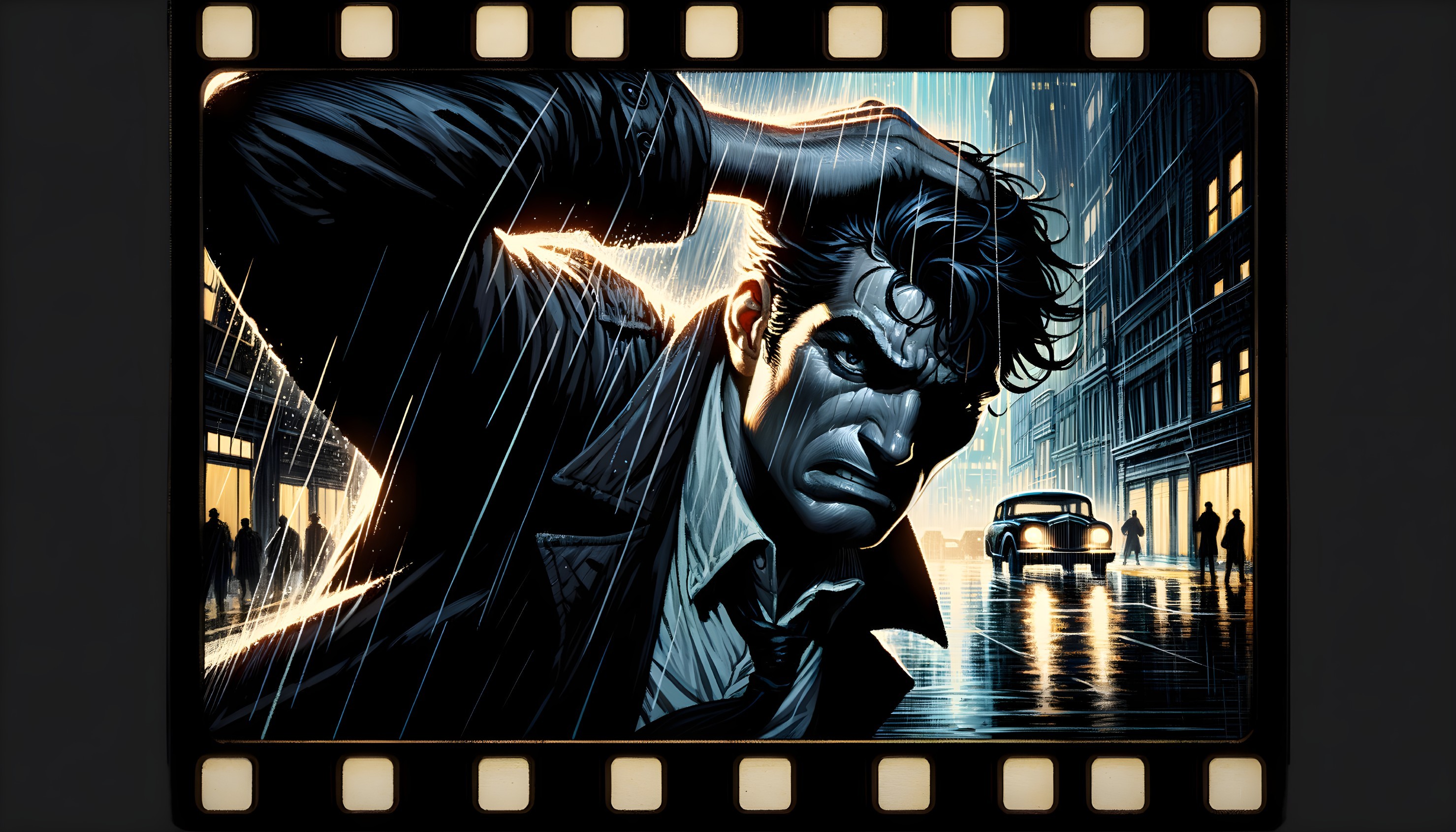 Brooding Figure in Rain-Soaked Noir City Scene