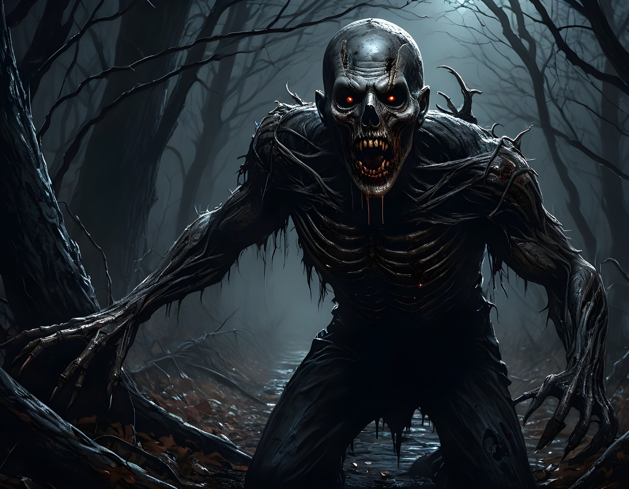 Skeletal Figure in a Dimly Lit Forest Scene