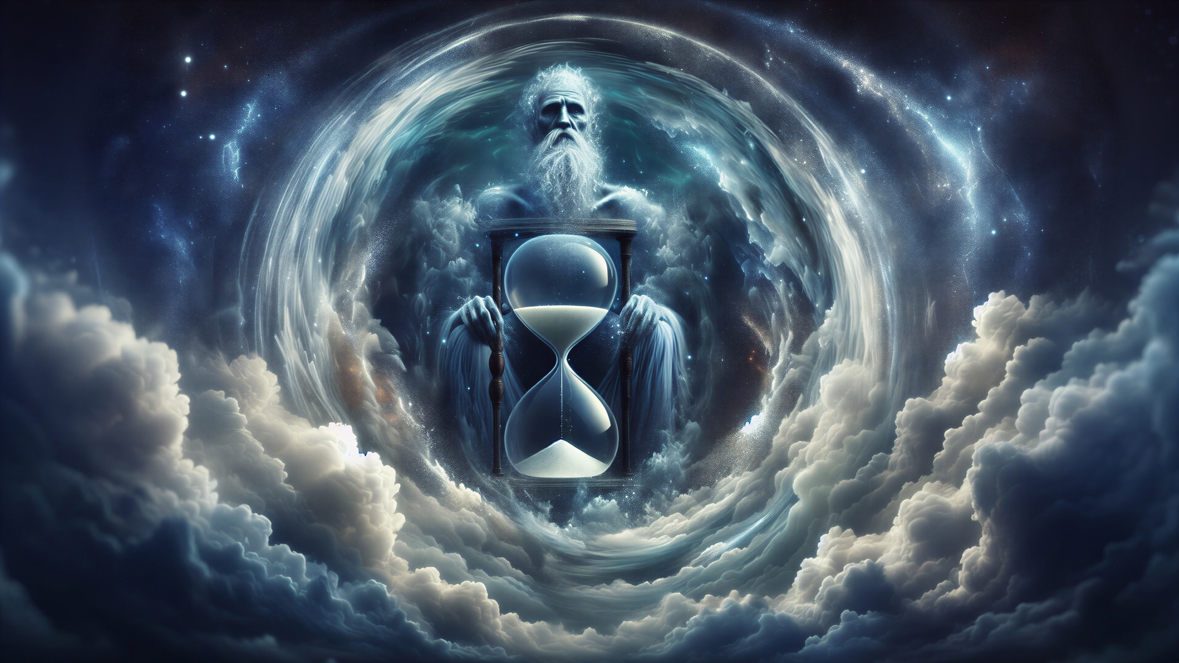Ancient Deity with Hourglass in Cosmic Setting