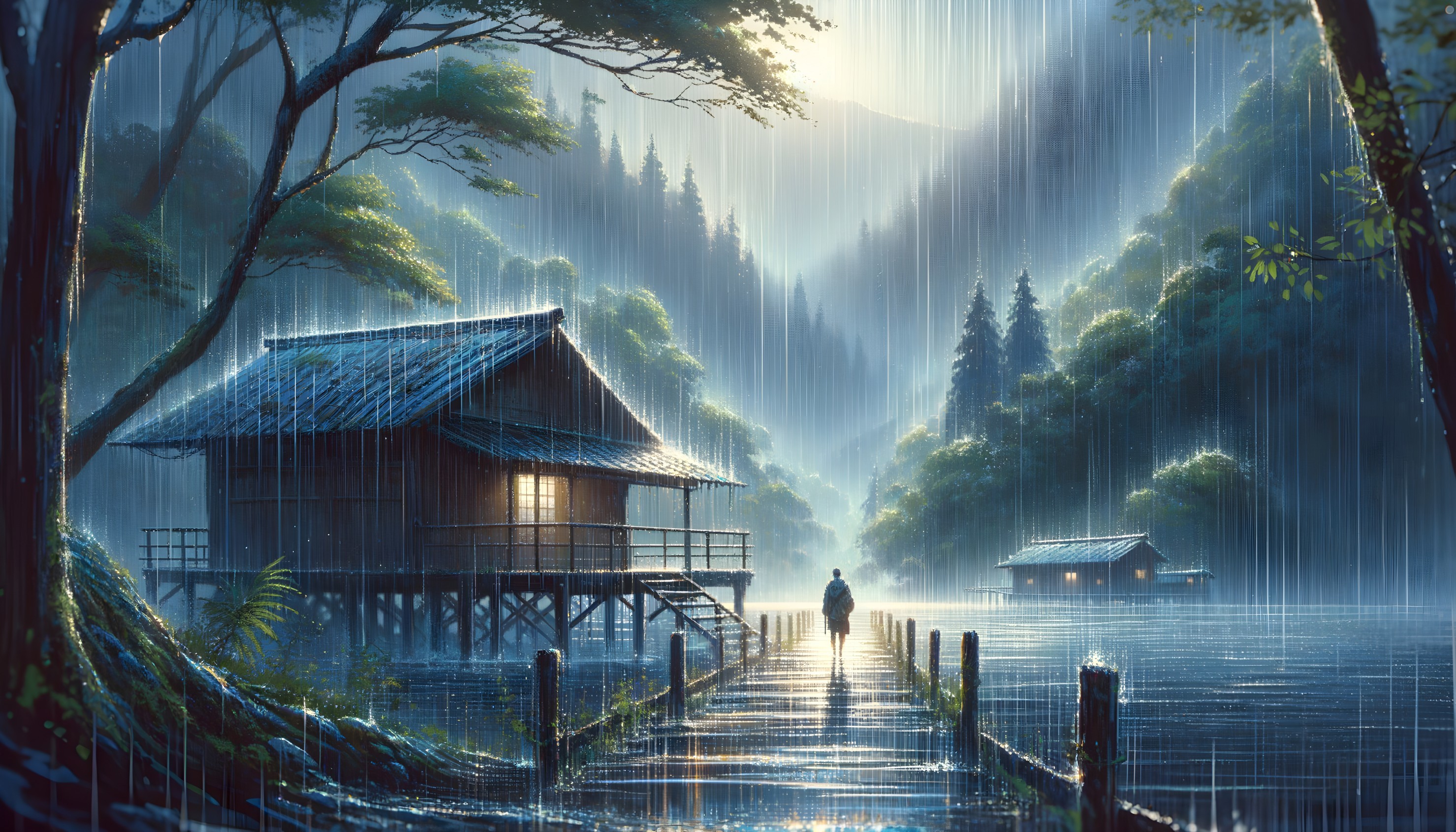 Serene Landscape with Wooden Hut and Misty Mountains