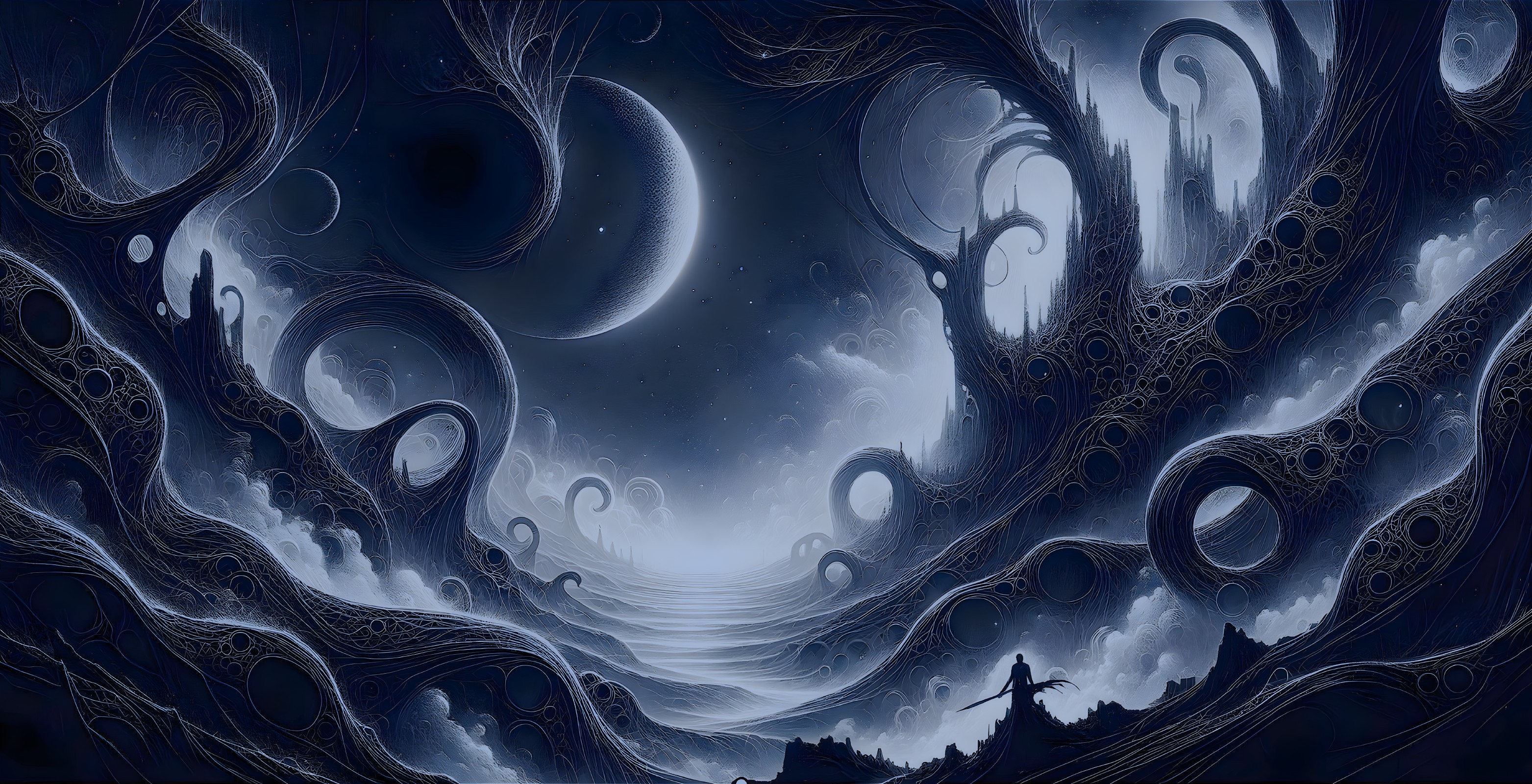 Surreal Landscape with Crescent Moon and Foggy Atmosphere