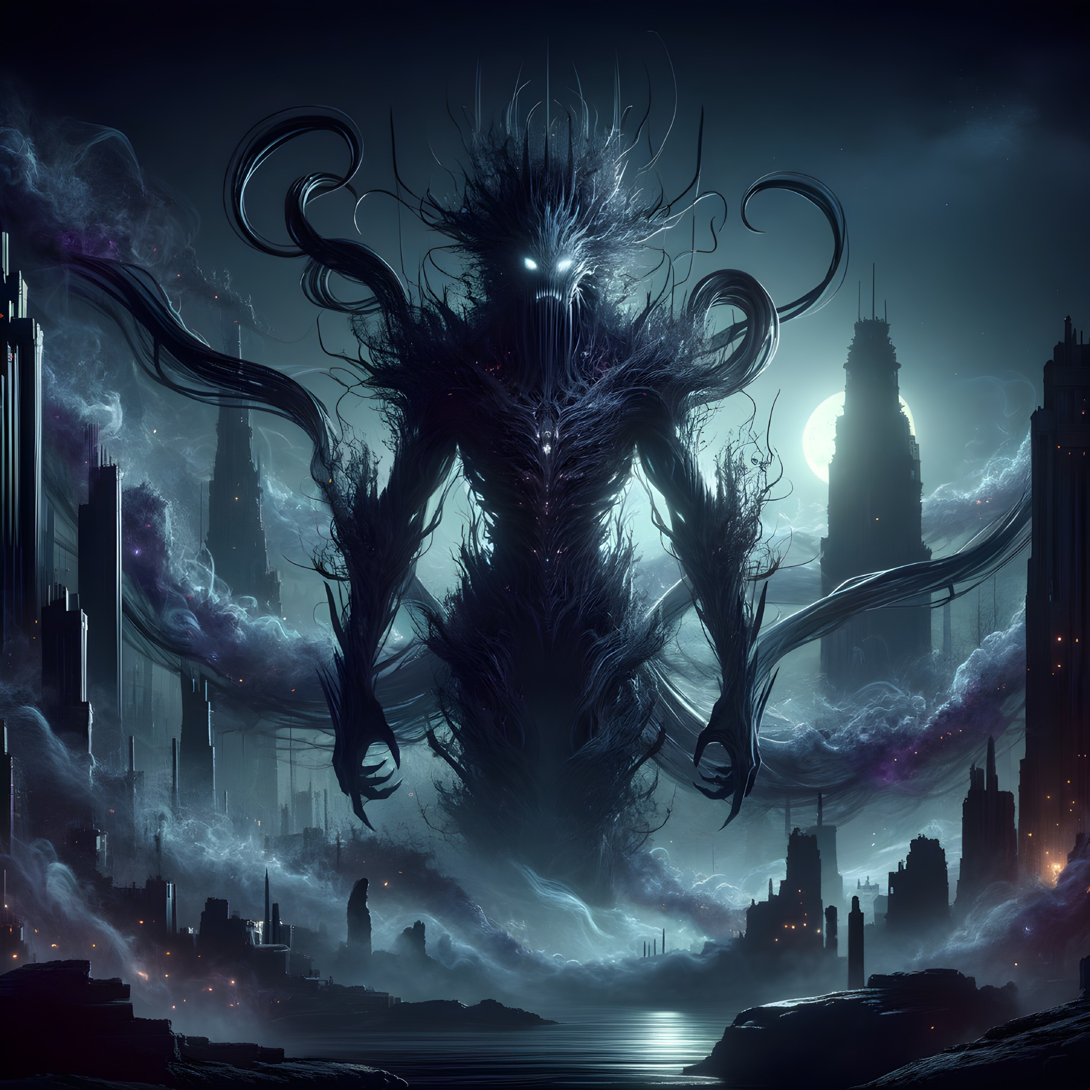 Shadowy Creature Over Dystopian Cityscape at Night