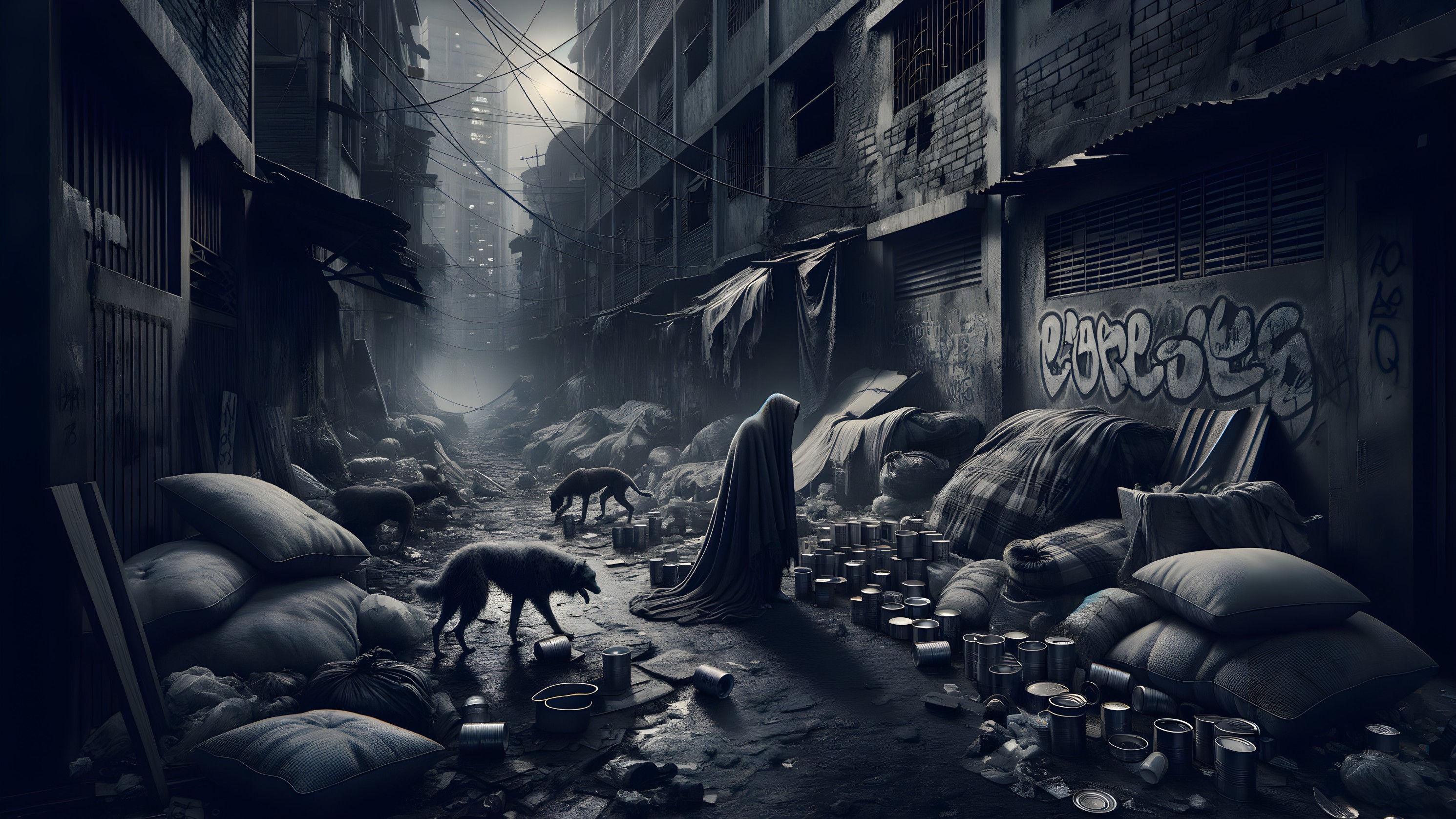 Desolate alley with shadowy figure and graffiti