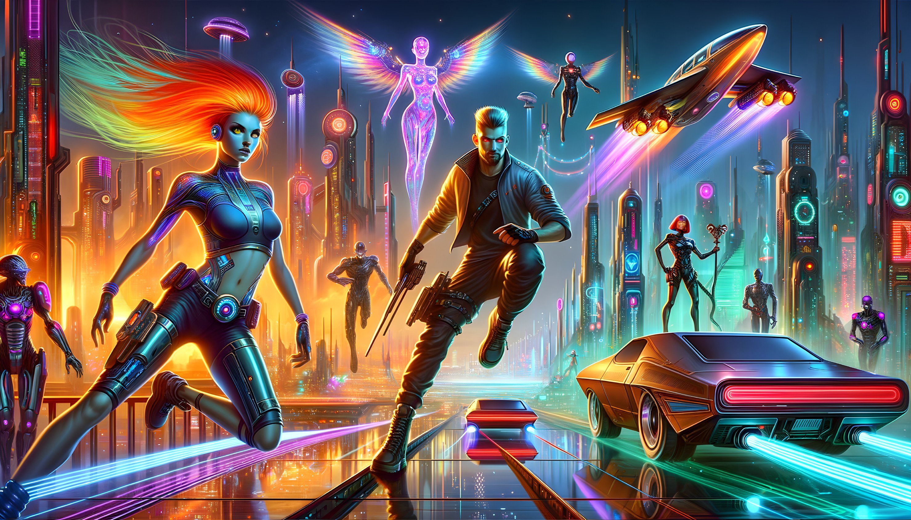 Cyberpunk Cityscape with Neon Lights and Action Scene