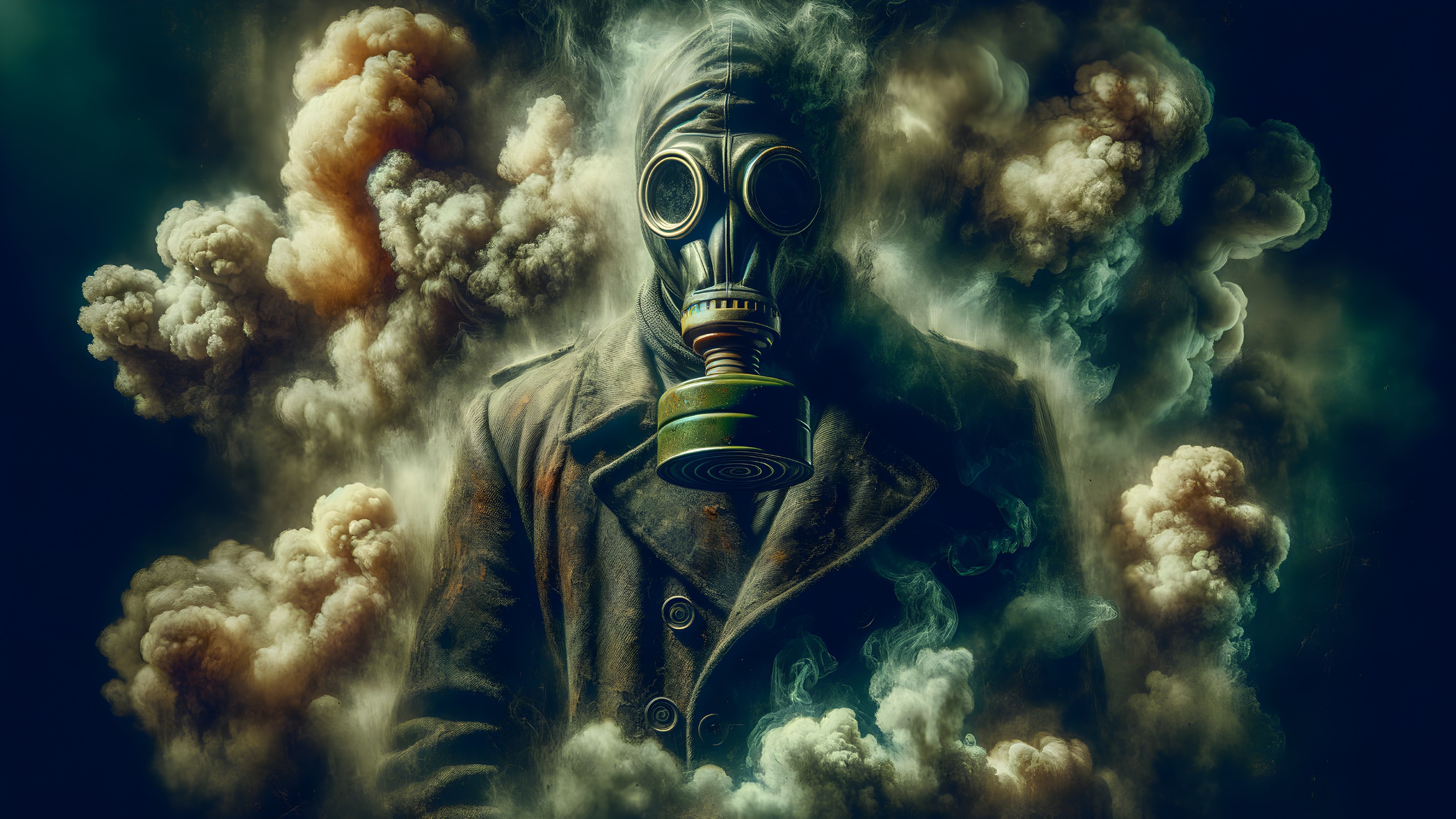 Figure in Gas Mask Surrounded by Smoke and Shadows