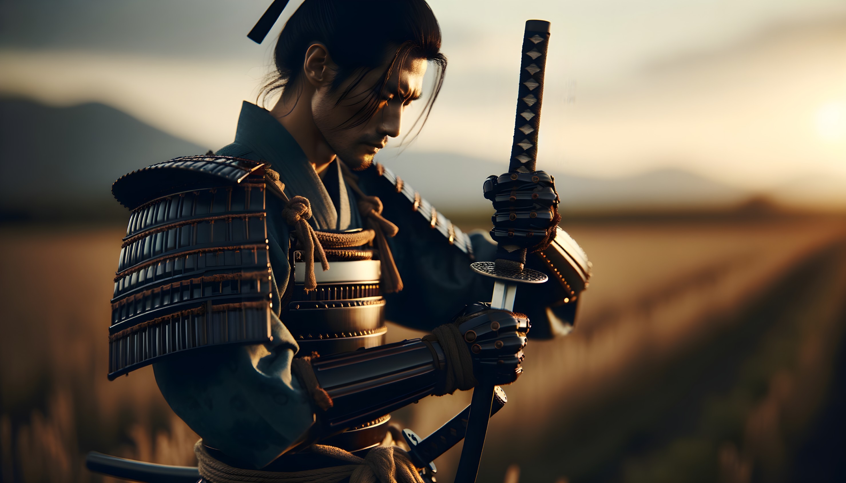 Lone Samurai in Serene Landscape at Sunset