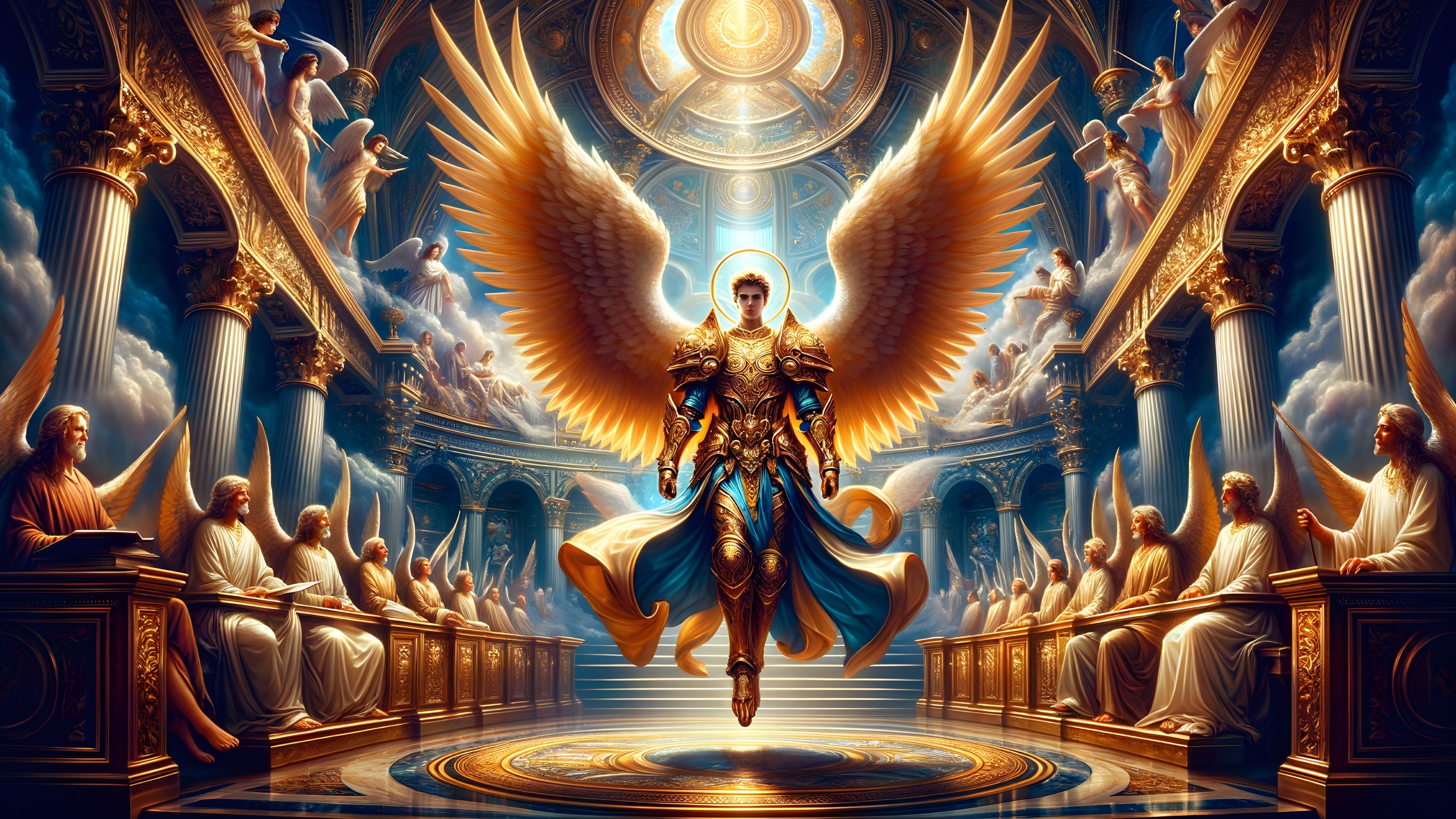 Majestic Angelic Figure in Ornate Armor and Wings