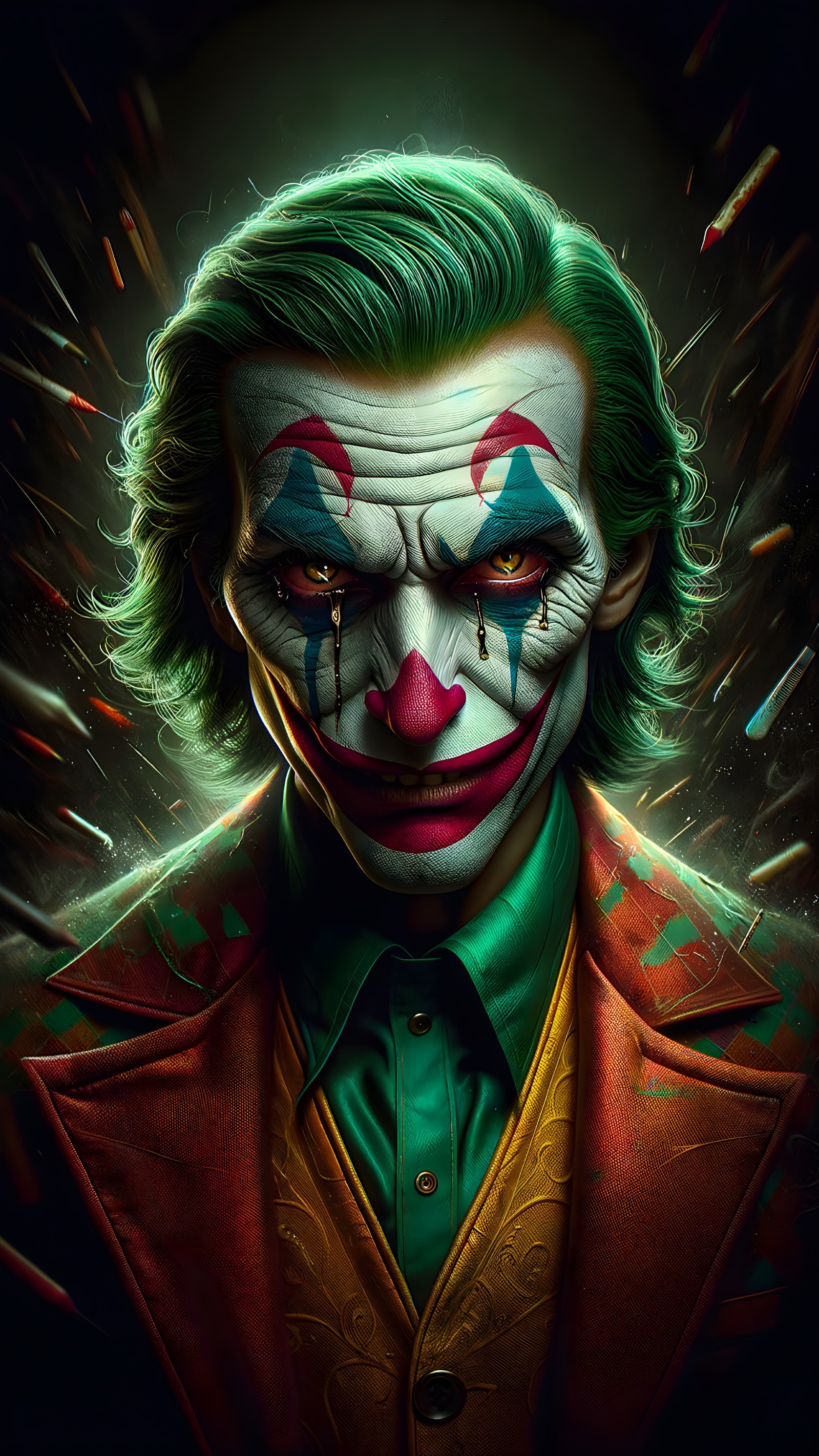 Stylized Clown with Green Hair and Dark Teardrops