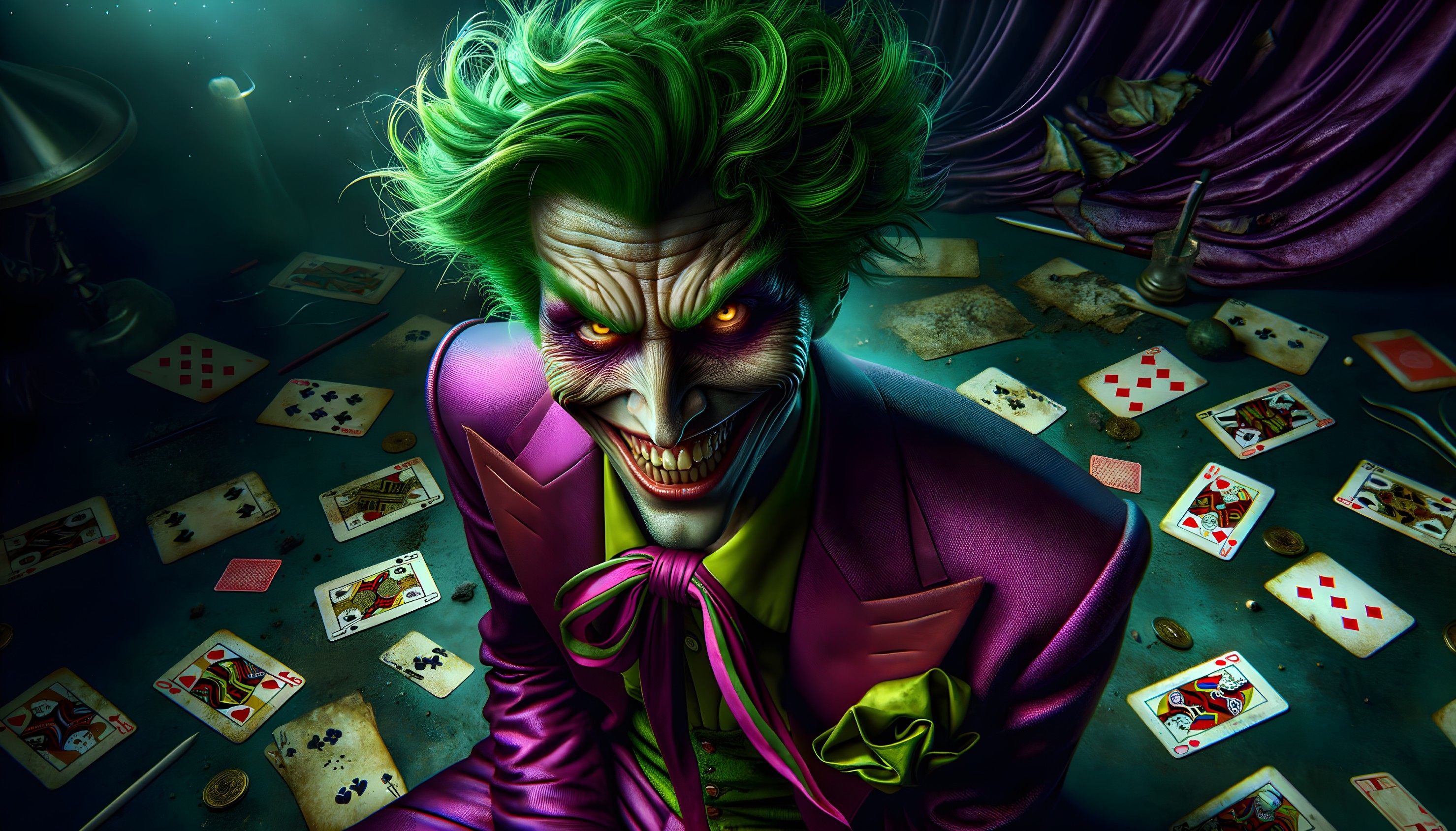 Sinister Character in Purple Suit with Playing Cards