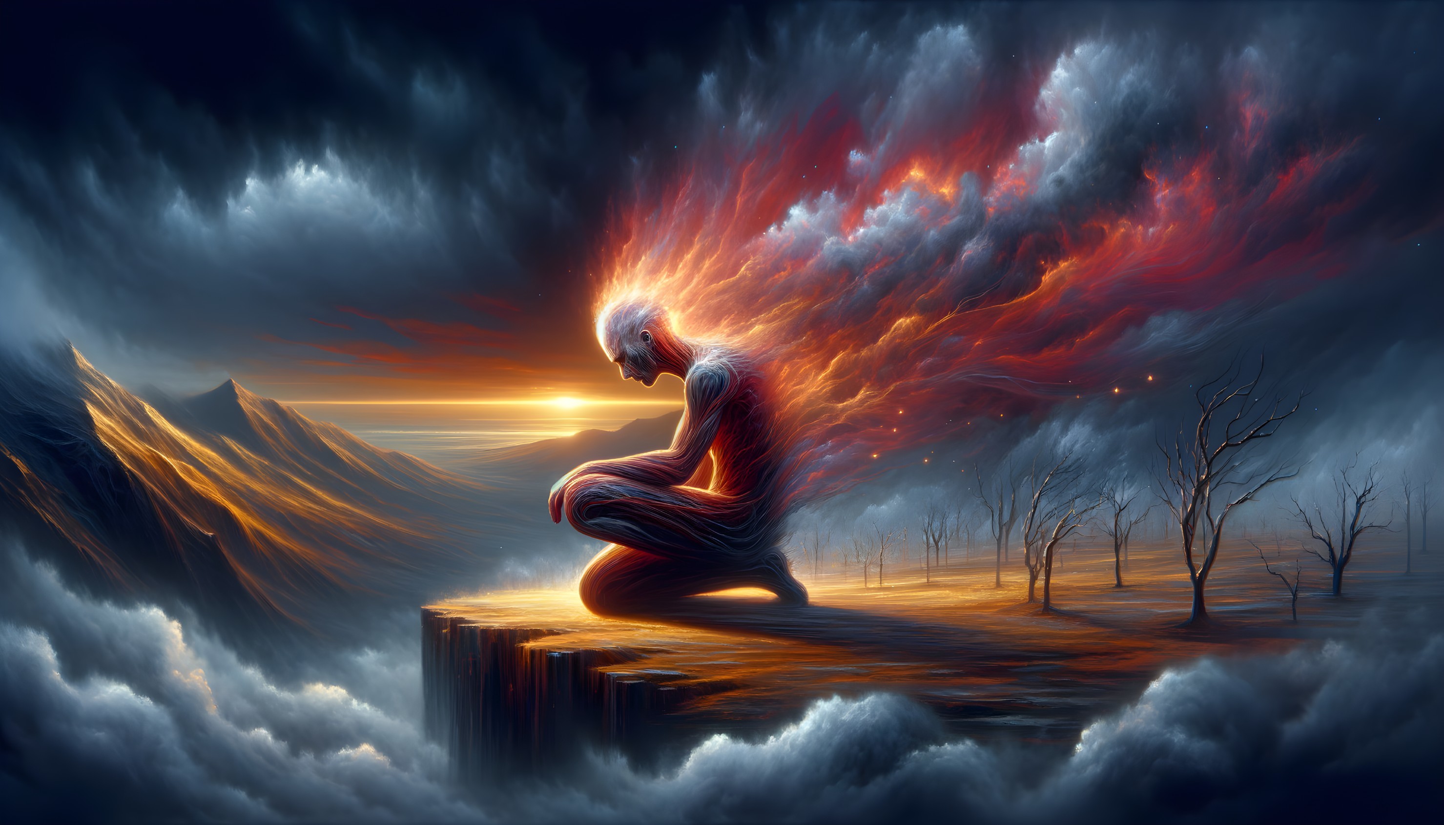 Surreal Scene of a Figure on a Cliff Surrounded by Flames