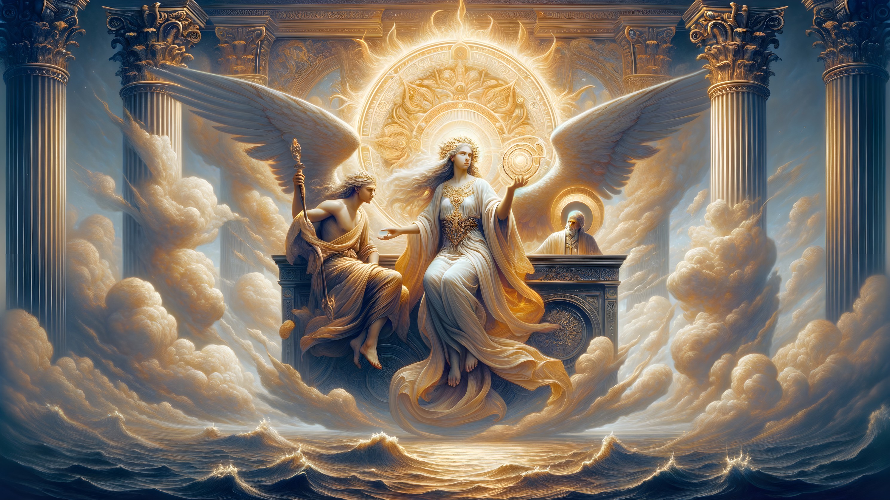 Celestial Scene with Winged Figure on Throne