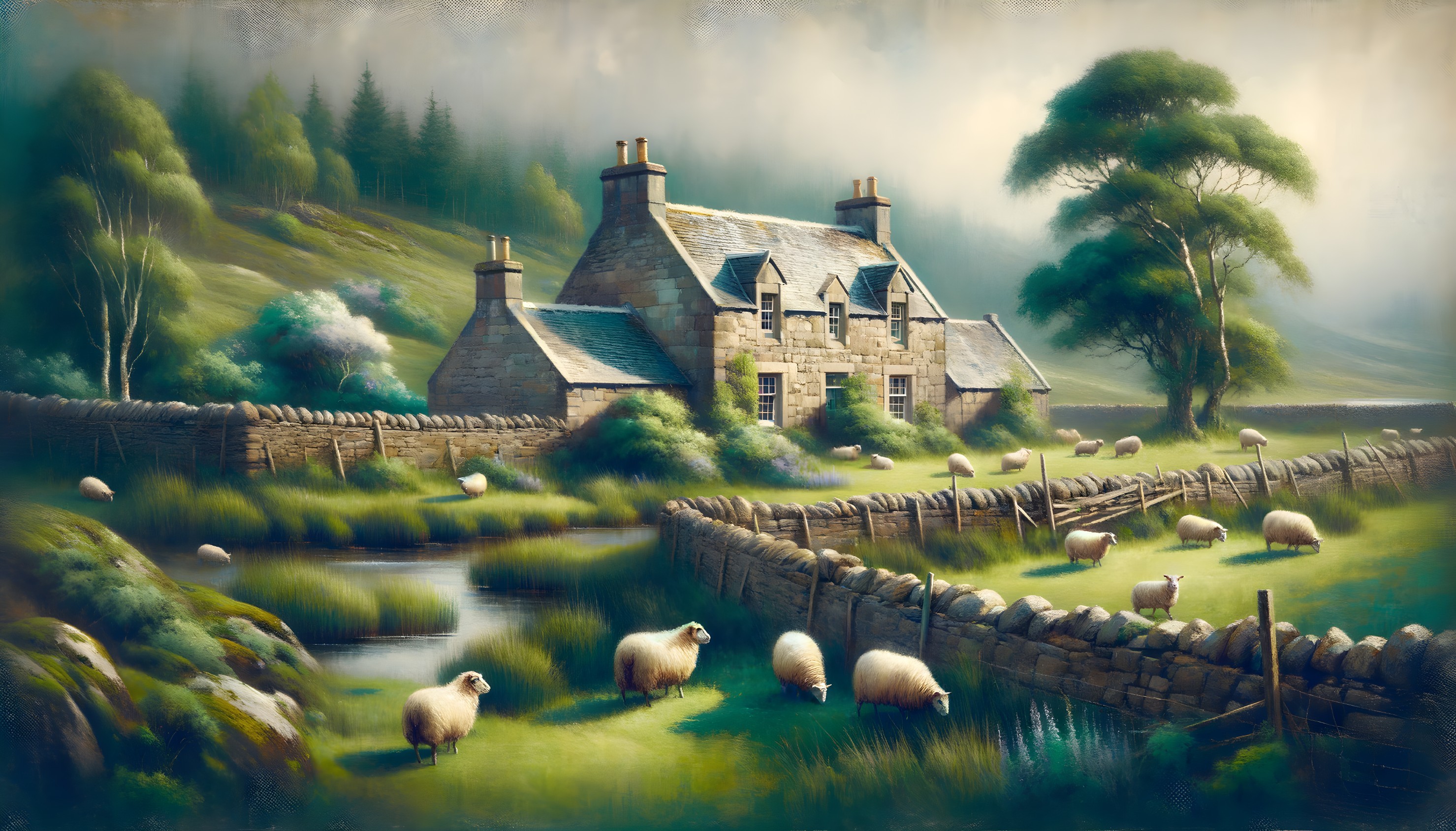 Serene Countryside Scene with Stone Cottage and Sheep
