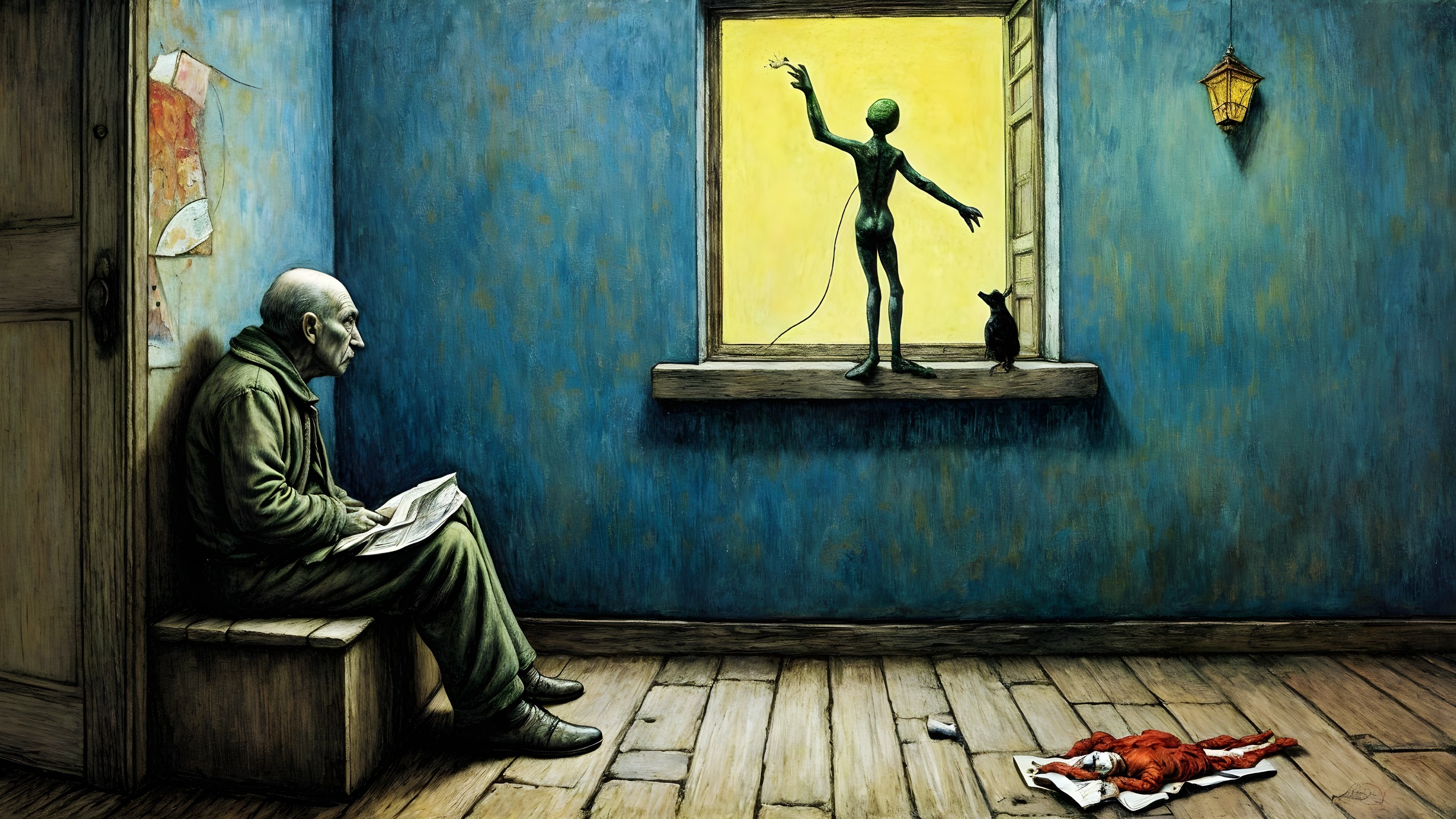 Surreal Room with Elderly Man and Alien Figure