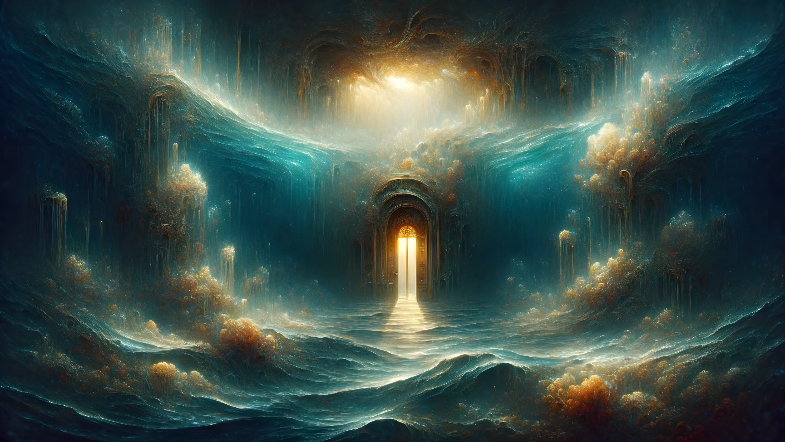 Surreal Landscape with Ornate Doorway and Coral Structures