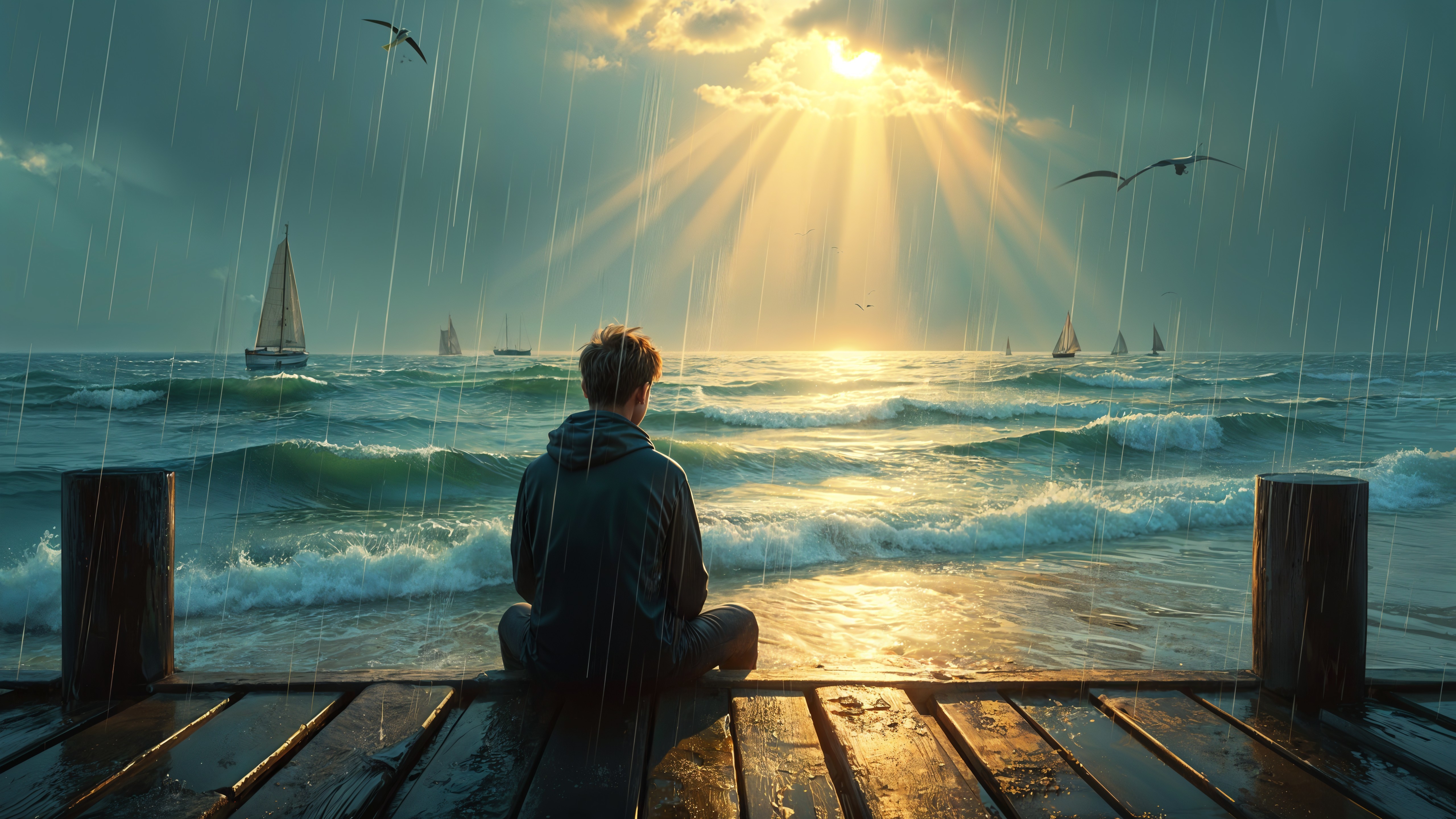 Solitary Figure on Pier Overlooking Dramatic Seascape