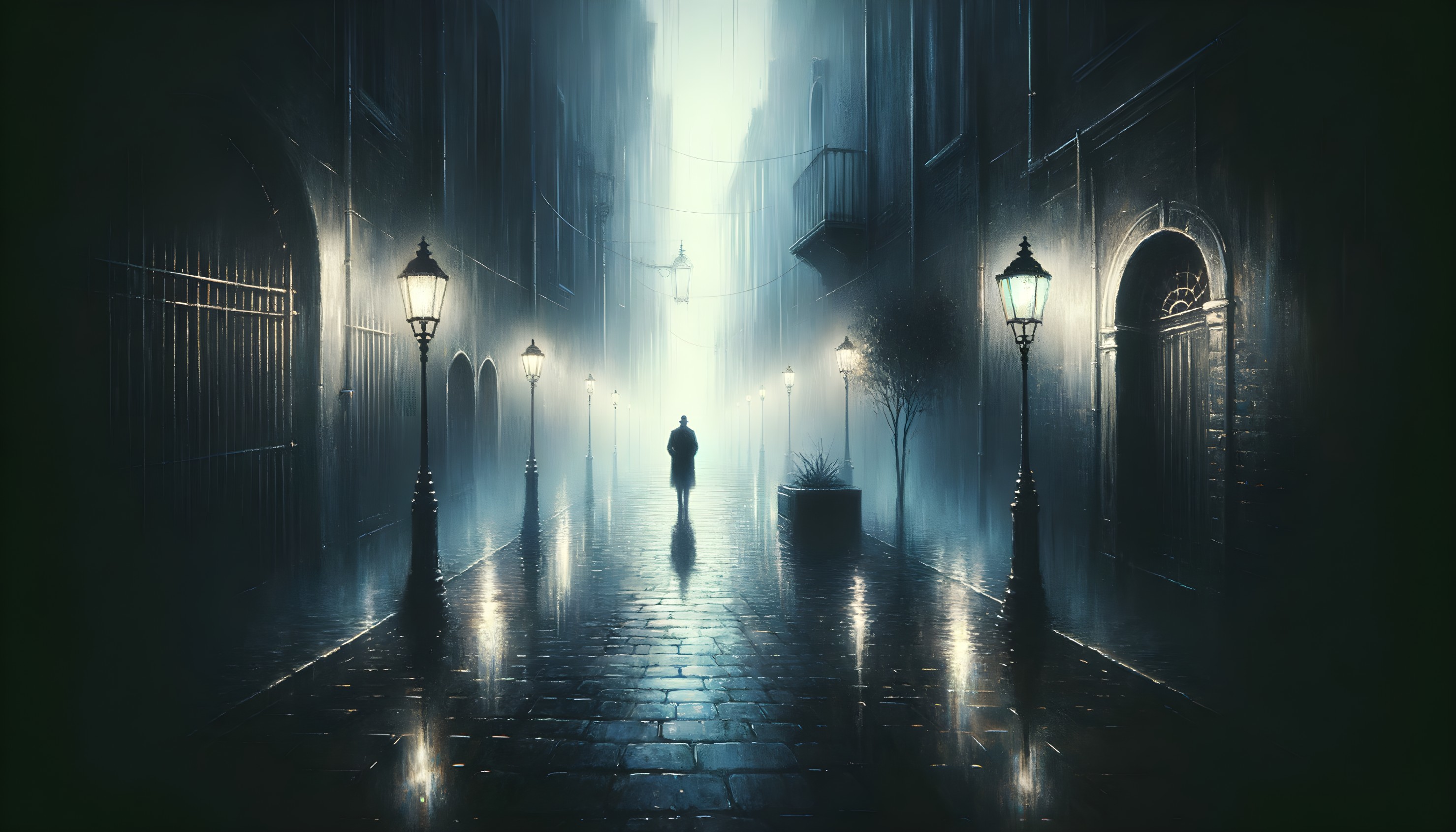 Solitary Figure in Misty Alley with Vintage Street Lamps