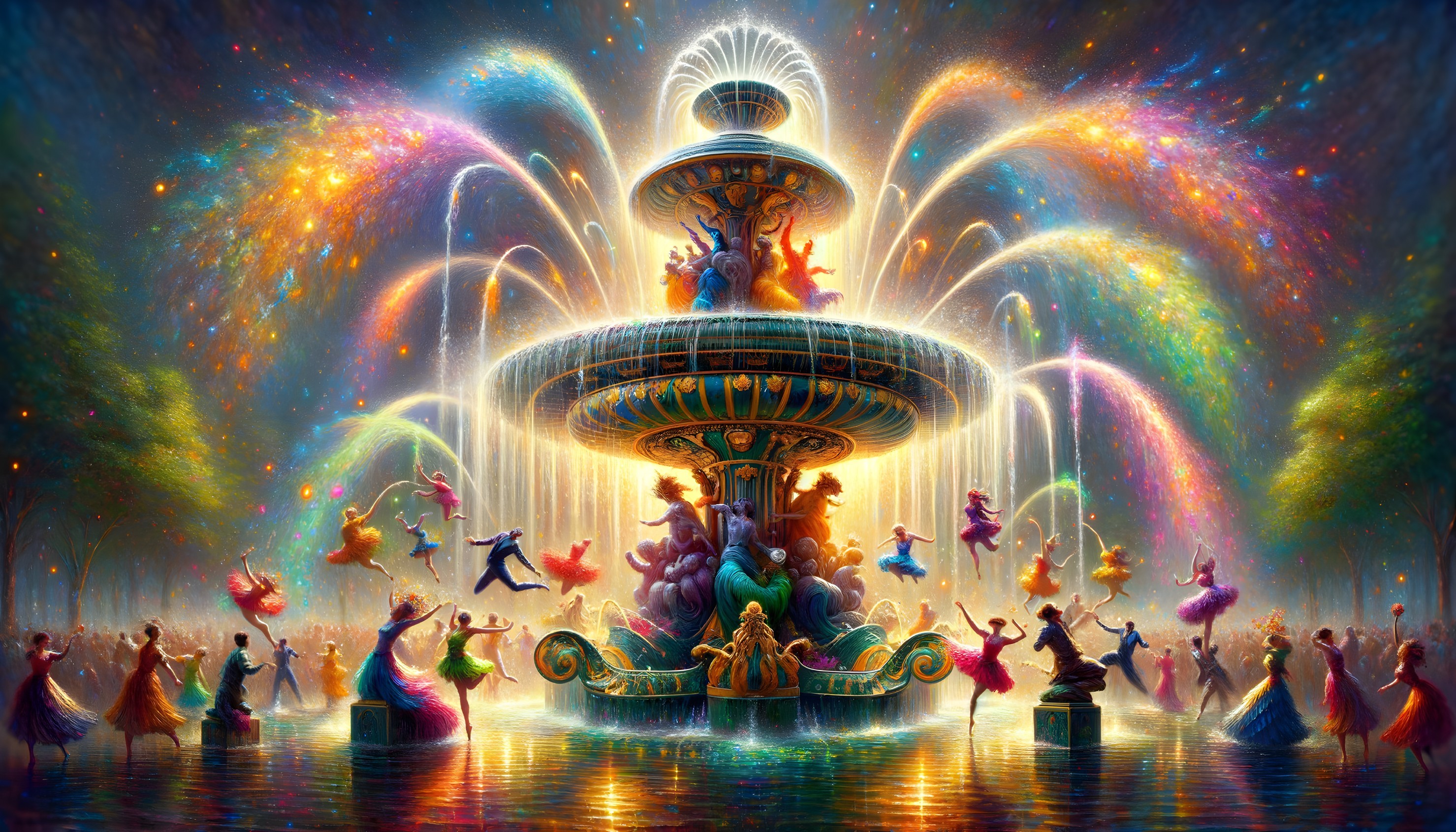 Vibrant Fountain Scene with Colorful Dancers and Lights