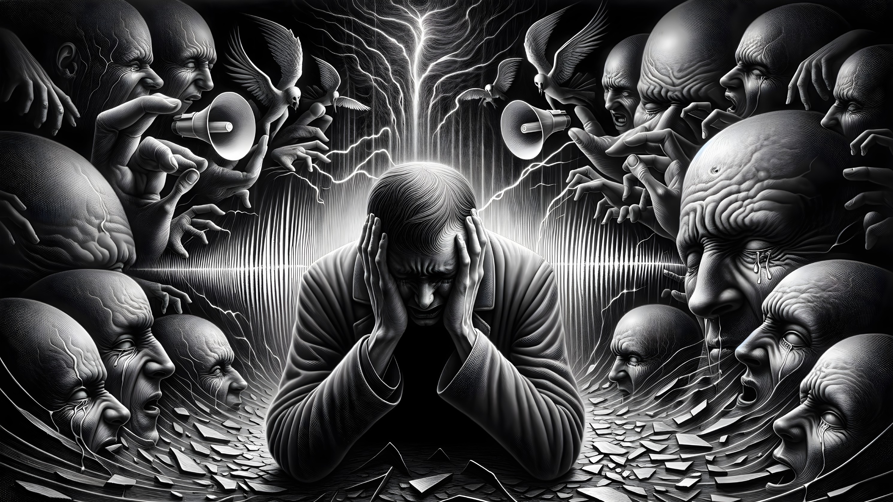 Surreal Monochromatic Scene of Distorted Faces and Hands