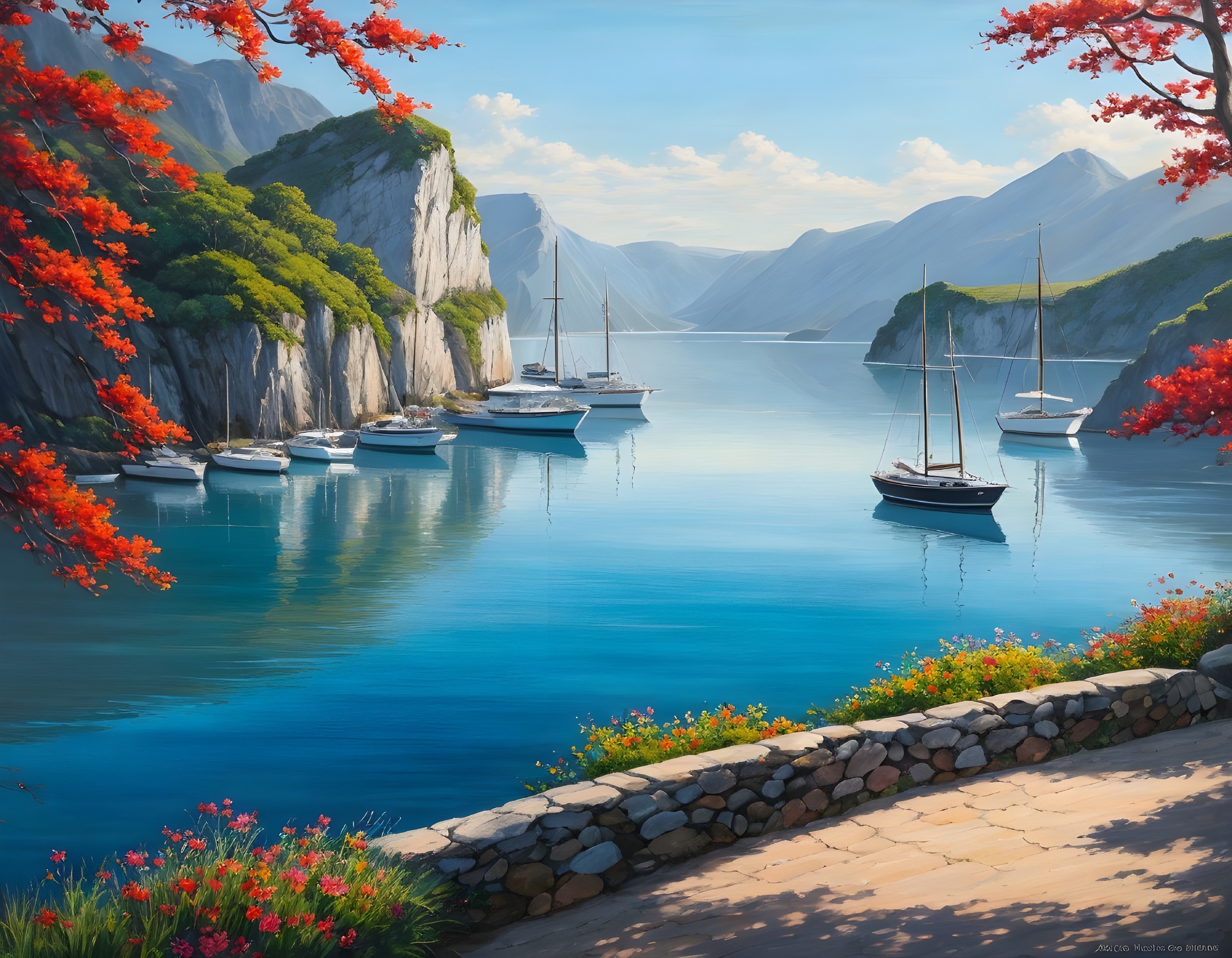 Tranquil harbor with sailboats, rugged coastline, stone wall, flowers, and red tree.