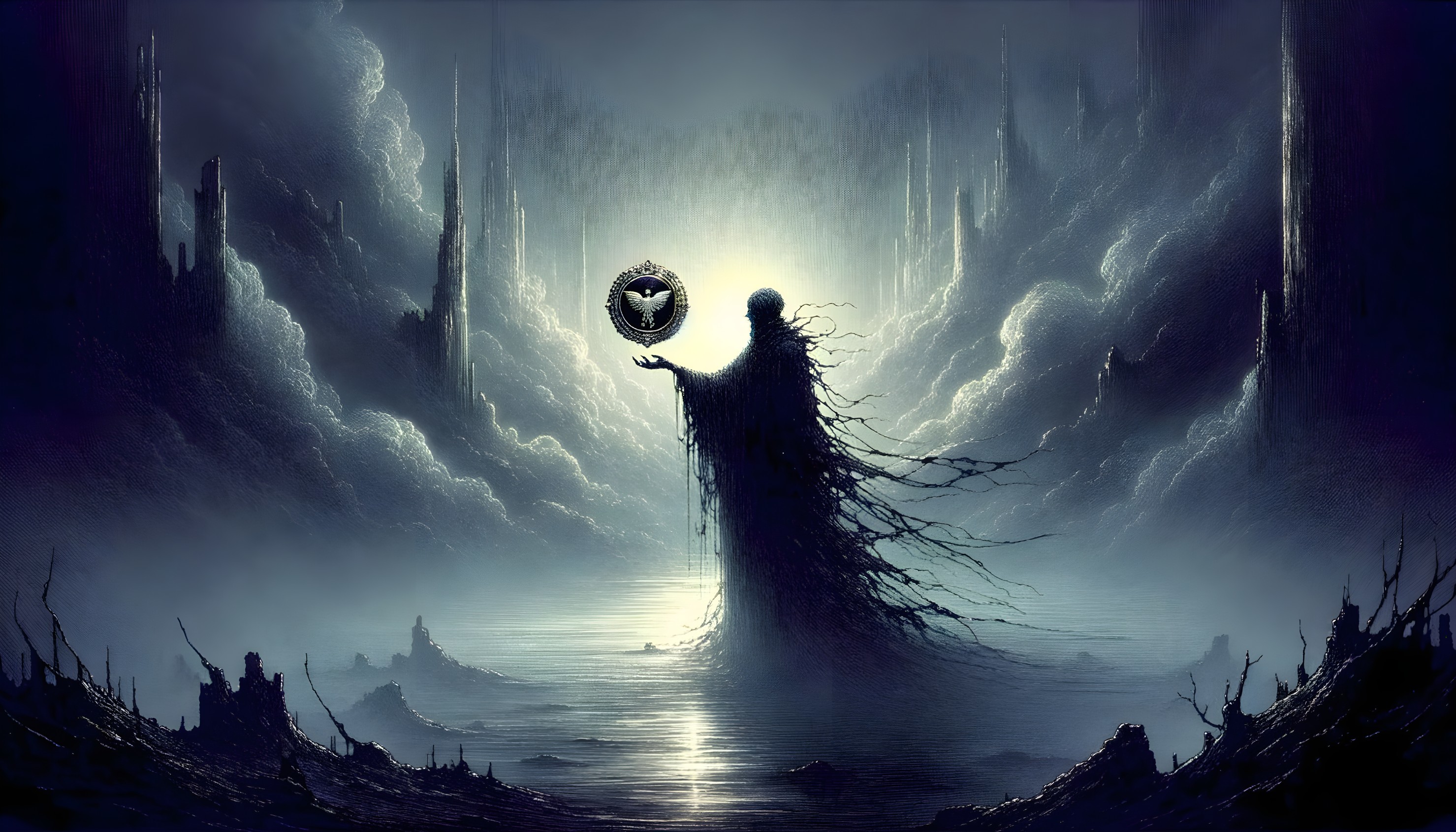 Mystical Landscape with Shadowy Figure and Glowing Orb