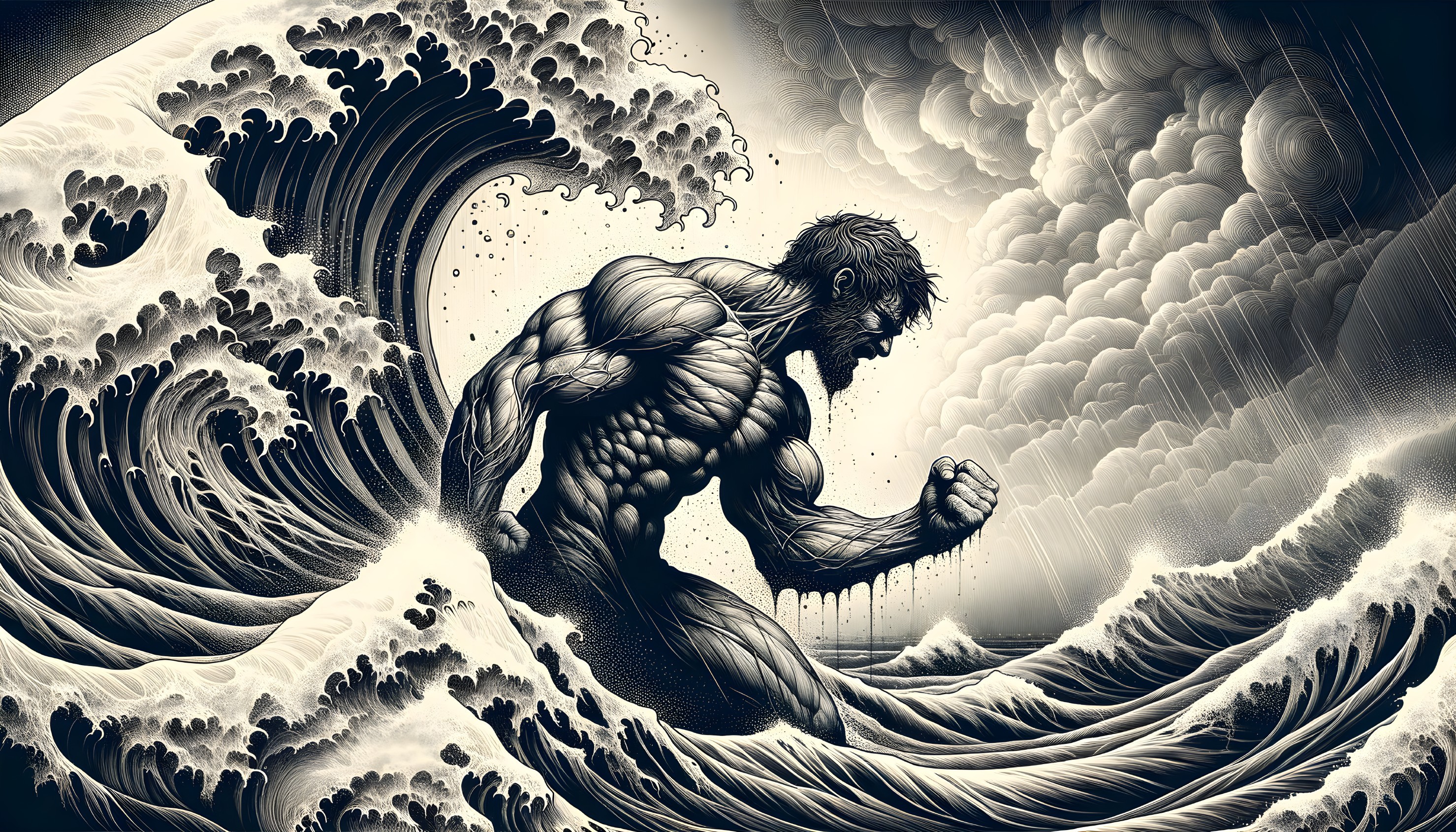Muscular Figure Against Tumultuous Ocean Waves