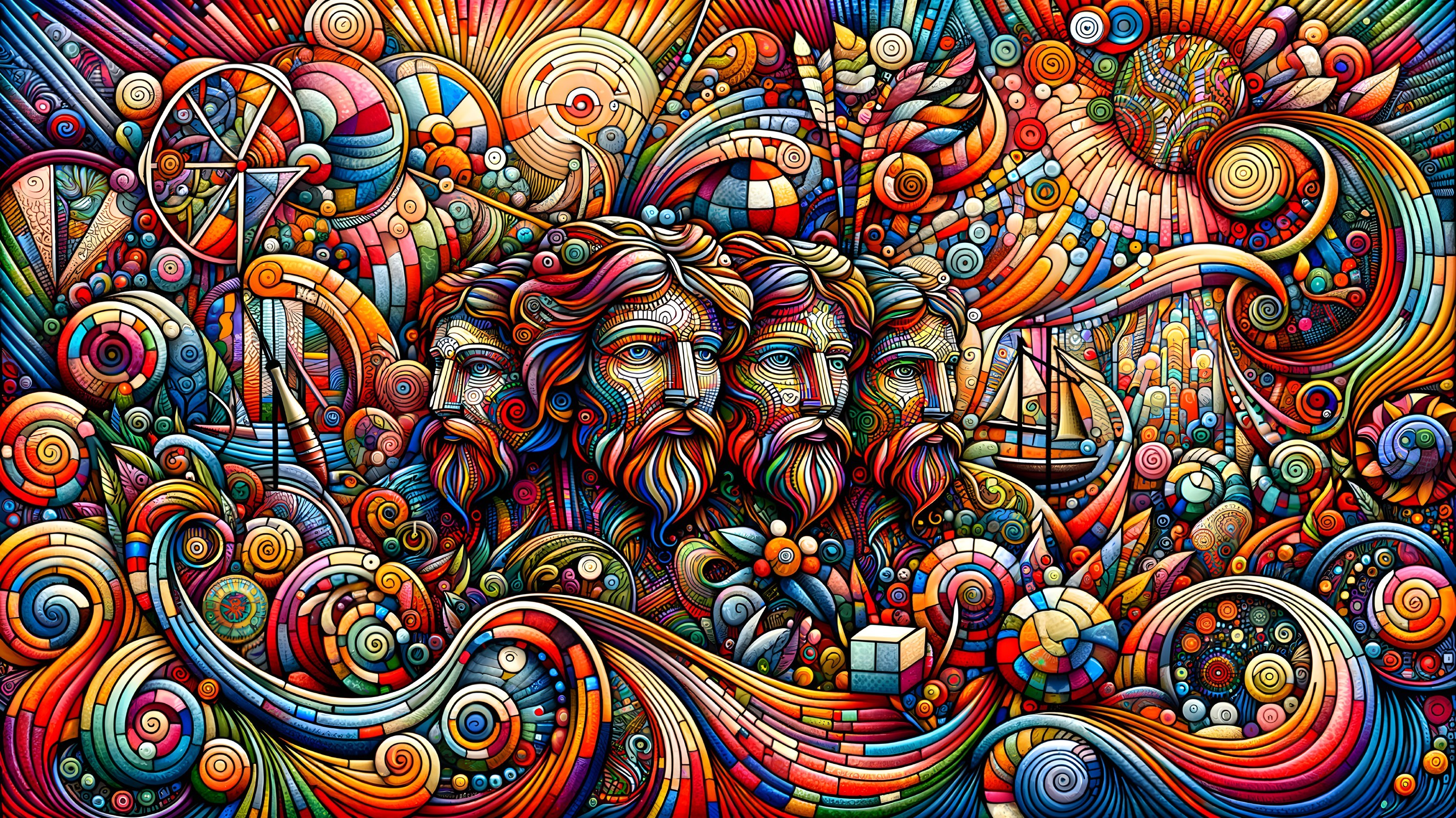 Colorful Artwork with Stylized Faces and Dynamic Patterns