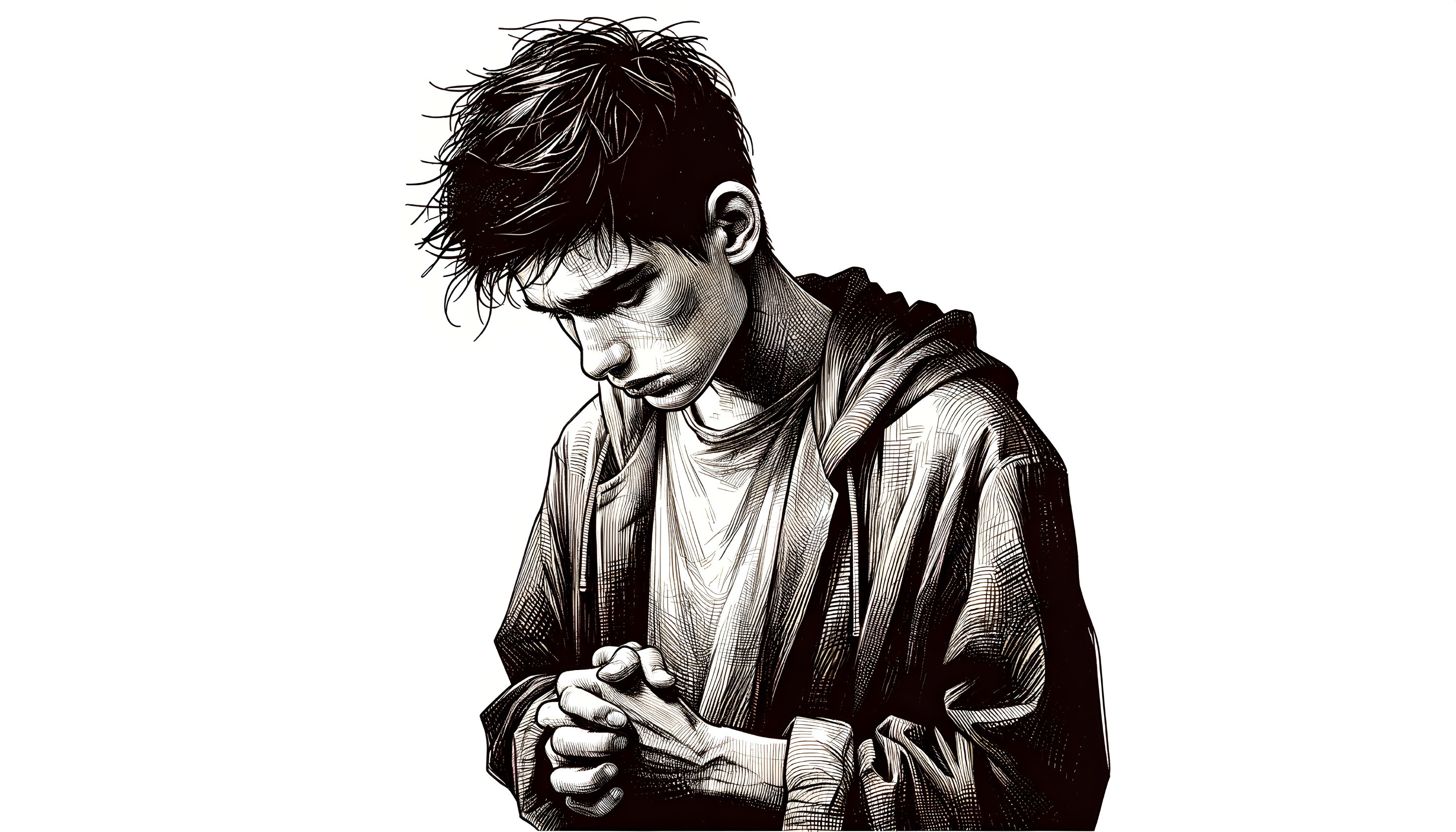 Young man in hoodie with somber expression and clasped hands