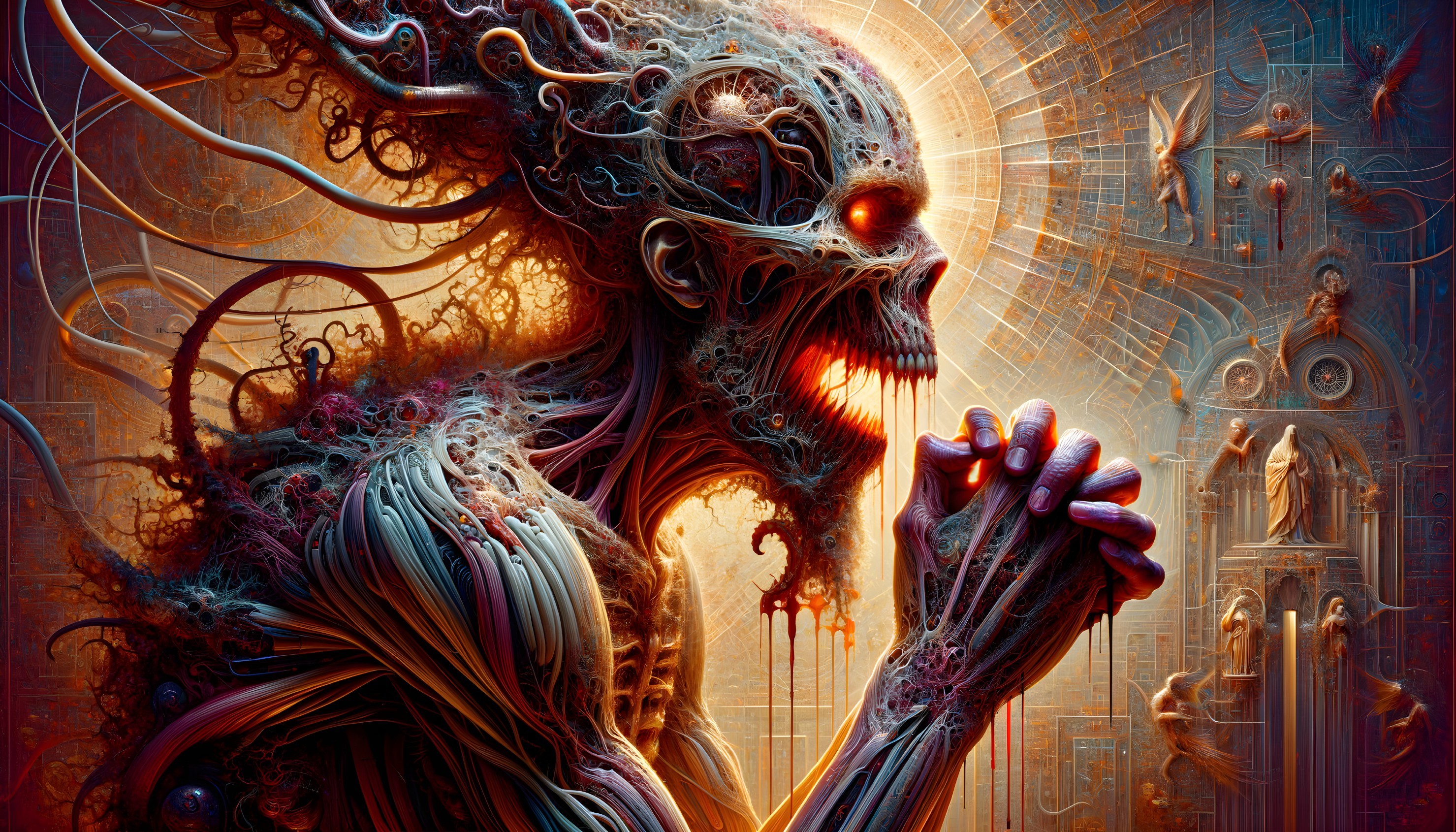 Surreal Grotesque Figure with Organic Tendrils and Glow