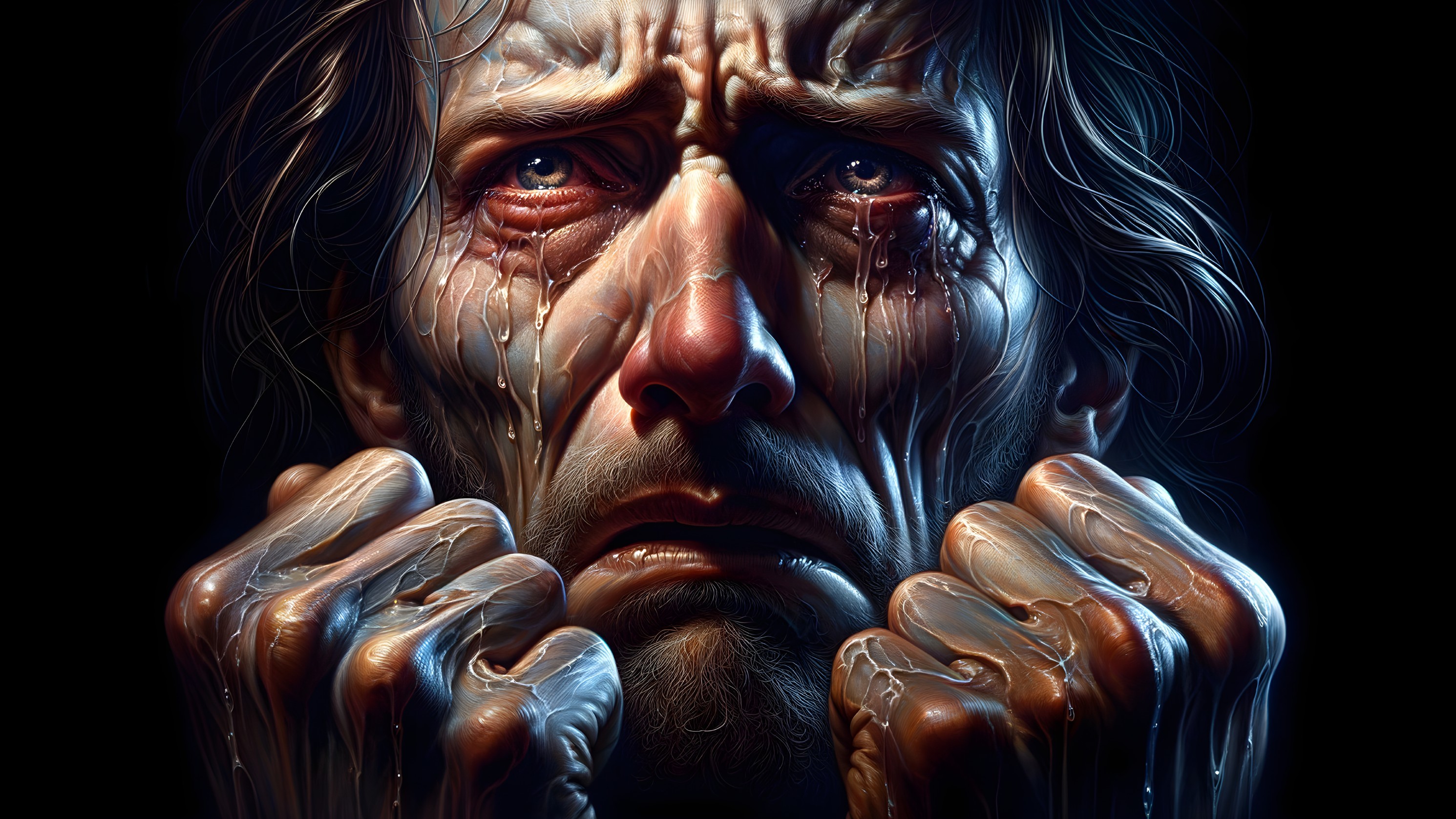 Close-up of a man's anguished face showing distress