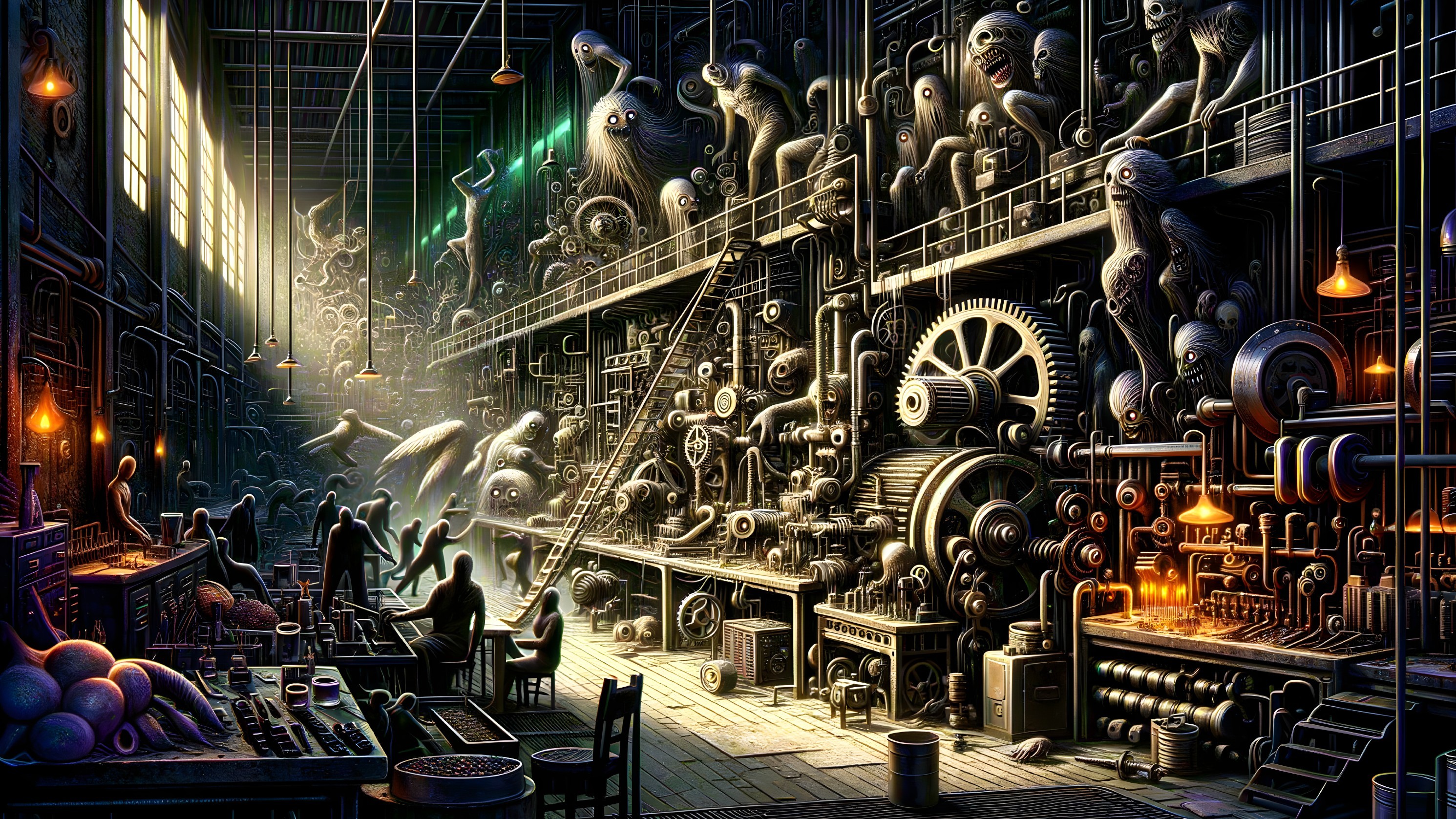 Surreal Industrial Workshop with Intricate Machinery