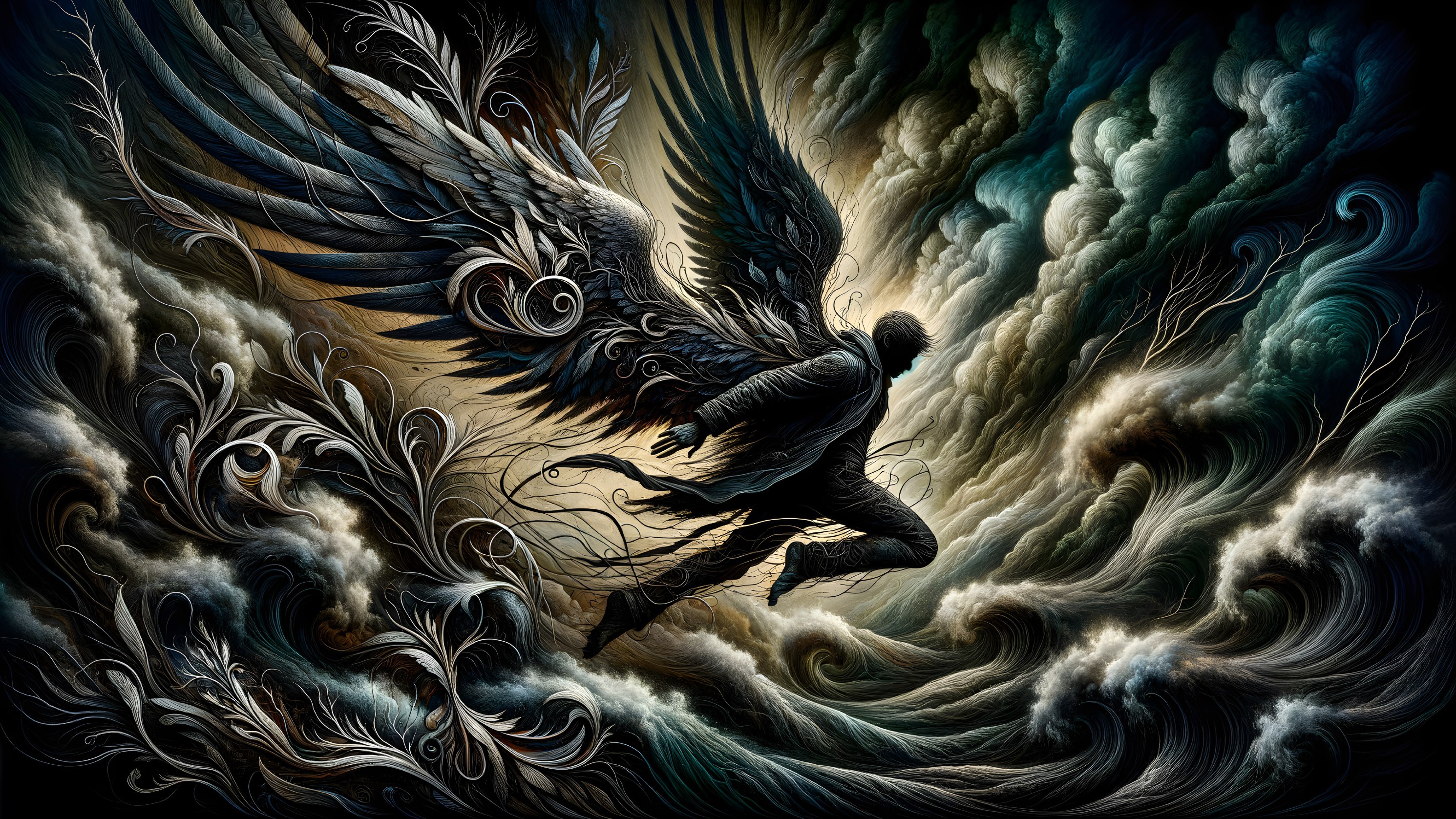 Figure with Dark Wings in Ethereal Storm Scene