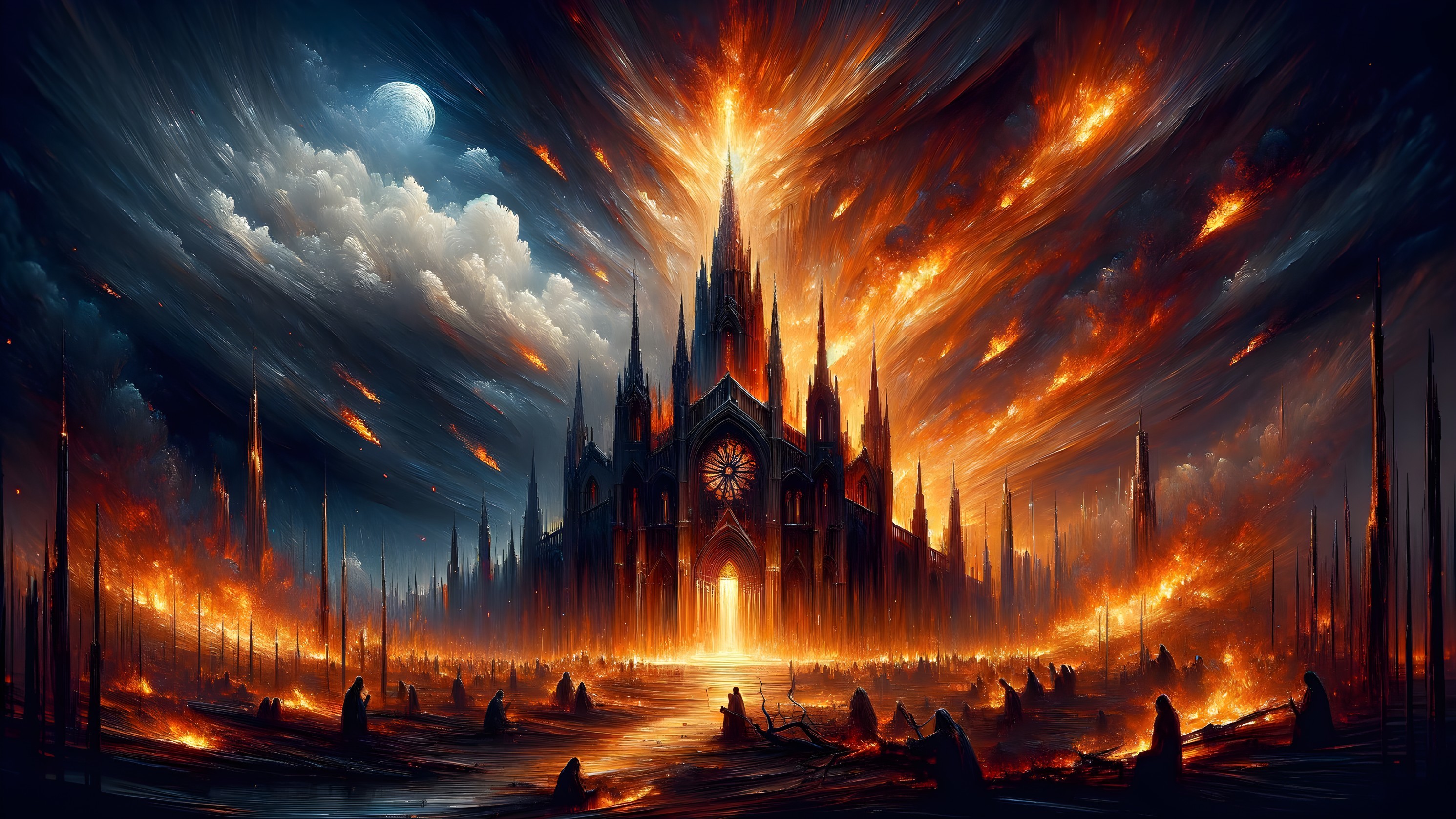 Gothic Cathedral in Fiery Landscape with Moonlit Sky