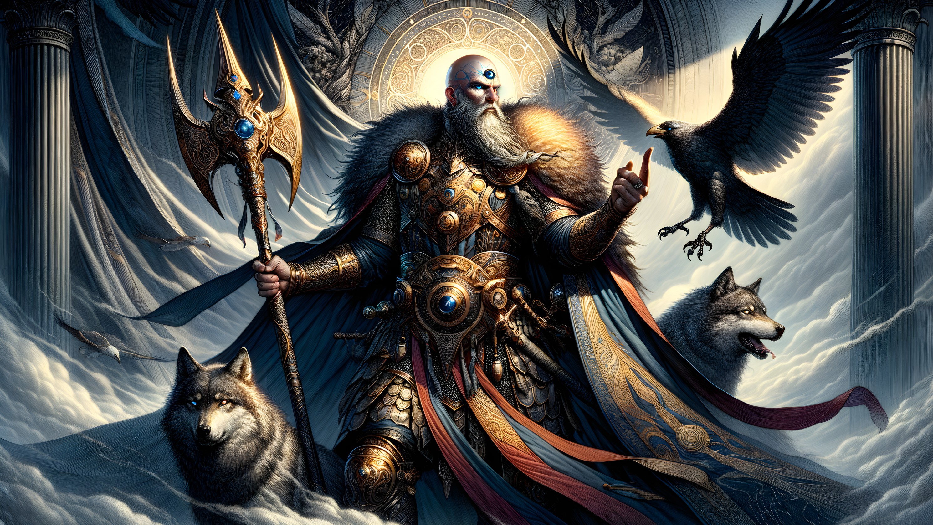 Majestic figure in ornate armor with wolves and eagle