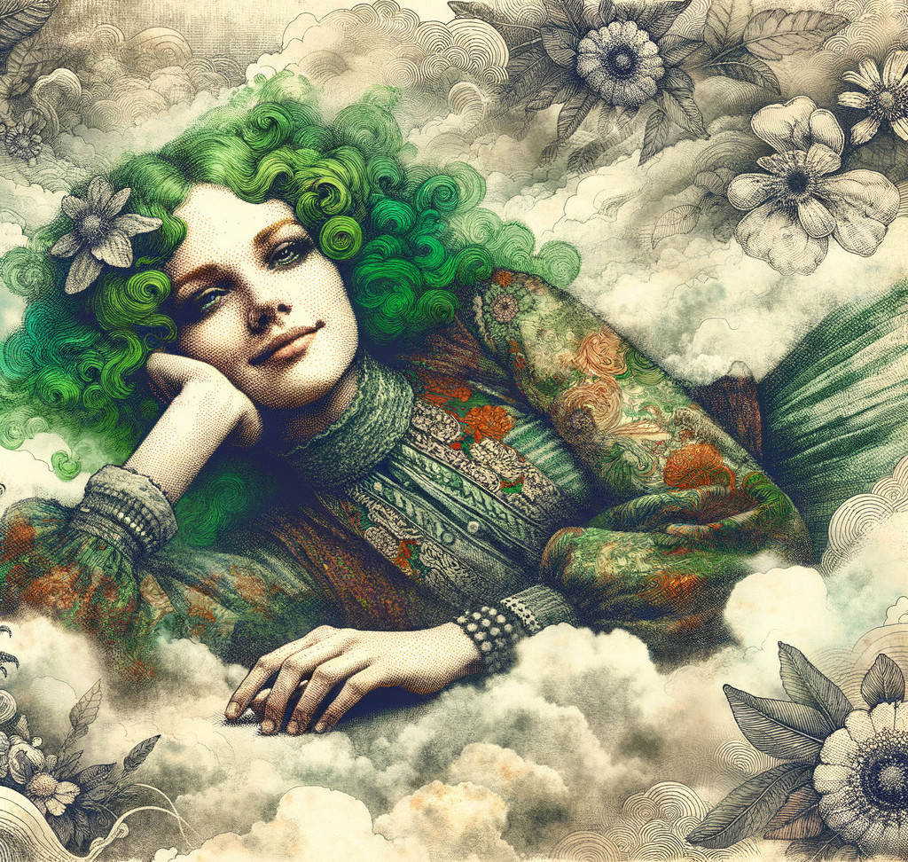 Serene figure with green curls in a floral cloud setting
