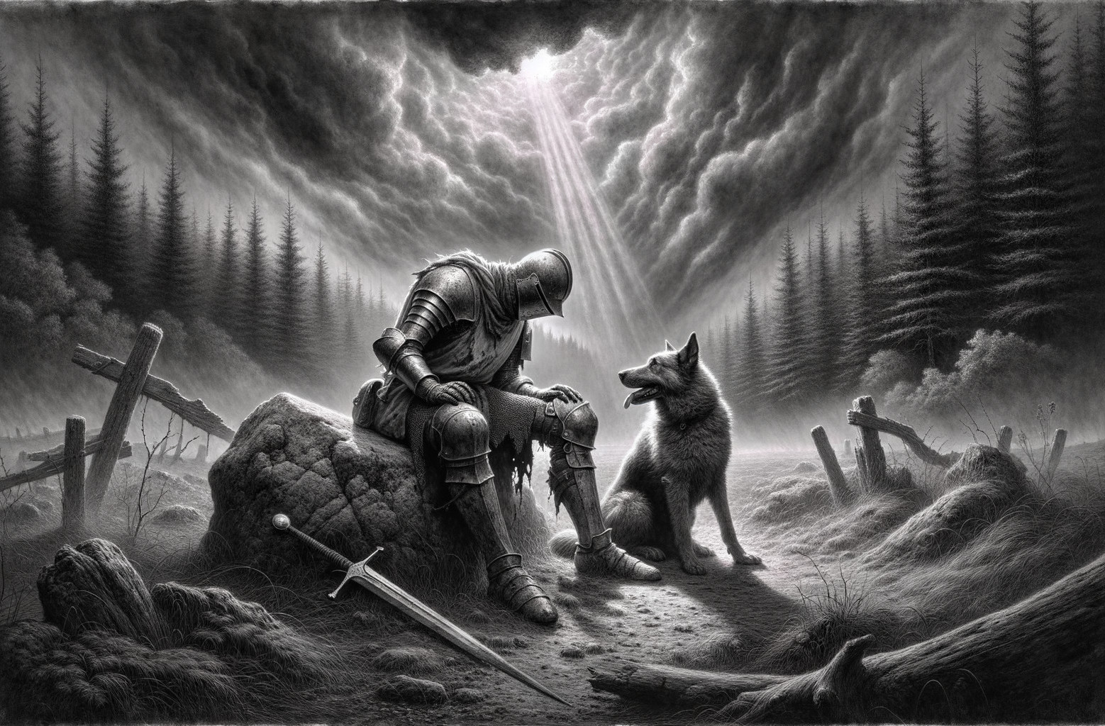 Knight in Armor with Wolf in Misty Forest Scene