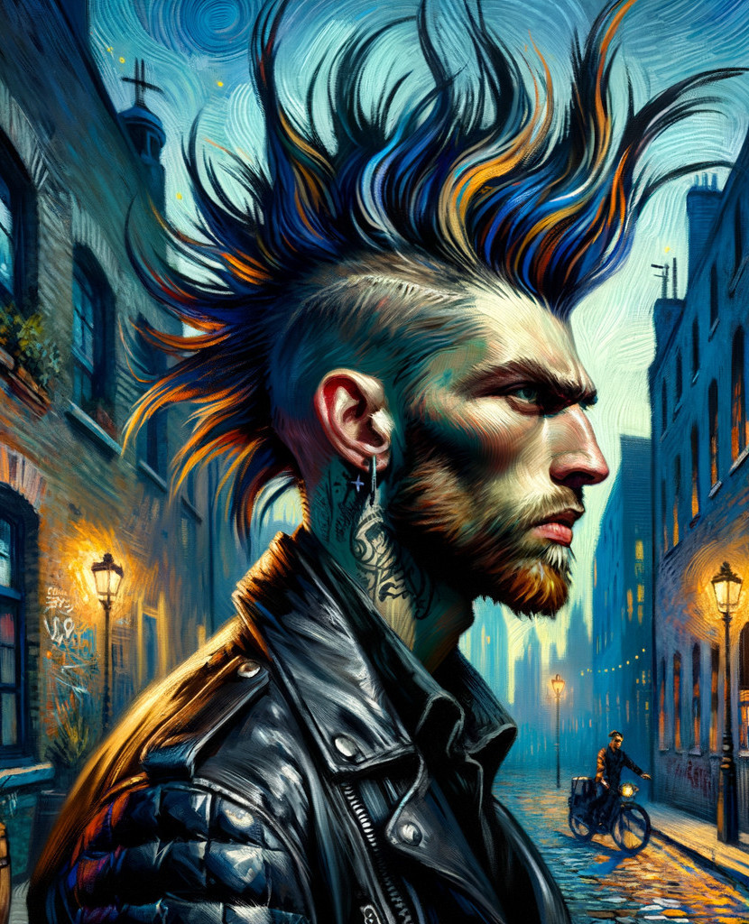 Illustration of punk man with fiery mohawk in leather jacket on moody street at dusk