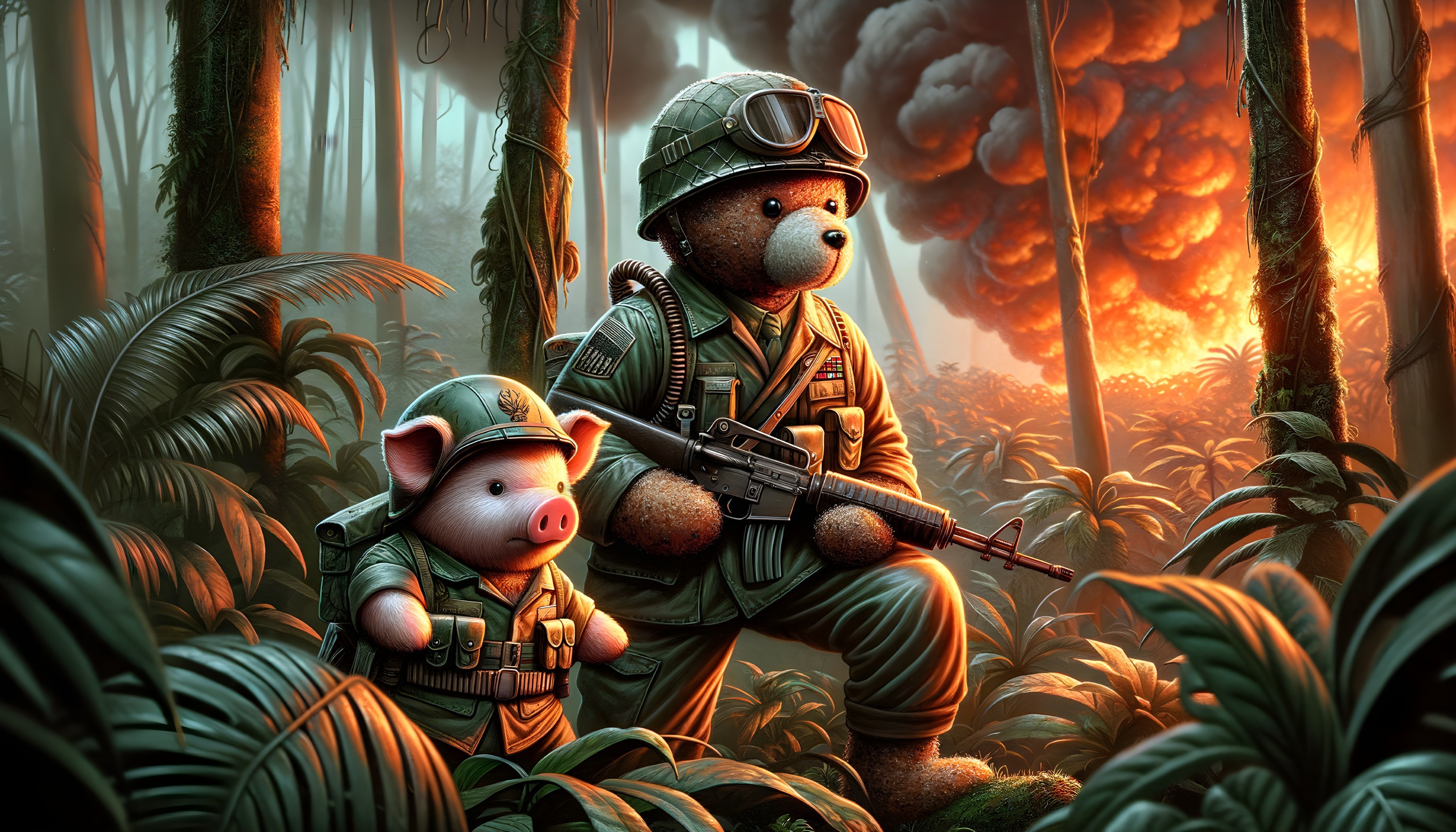 Anthropomorphic bear and pig in military gear illustration