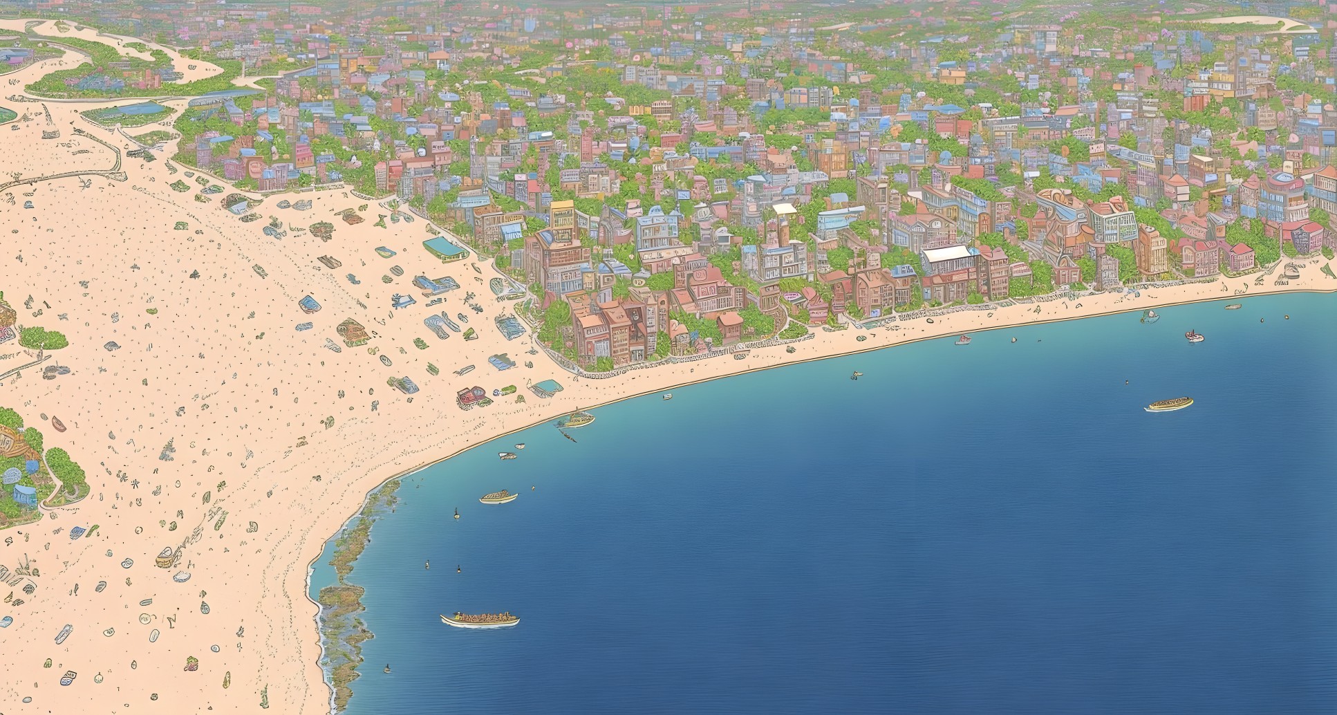 Coastal City with Dense Buildings, Sandy Beach, and Boats