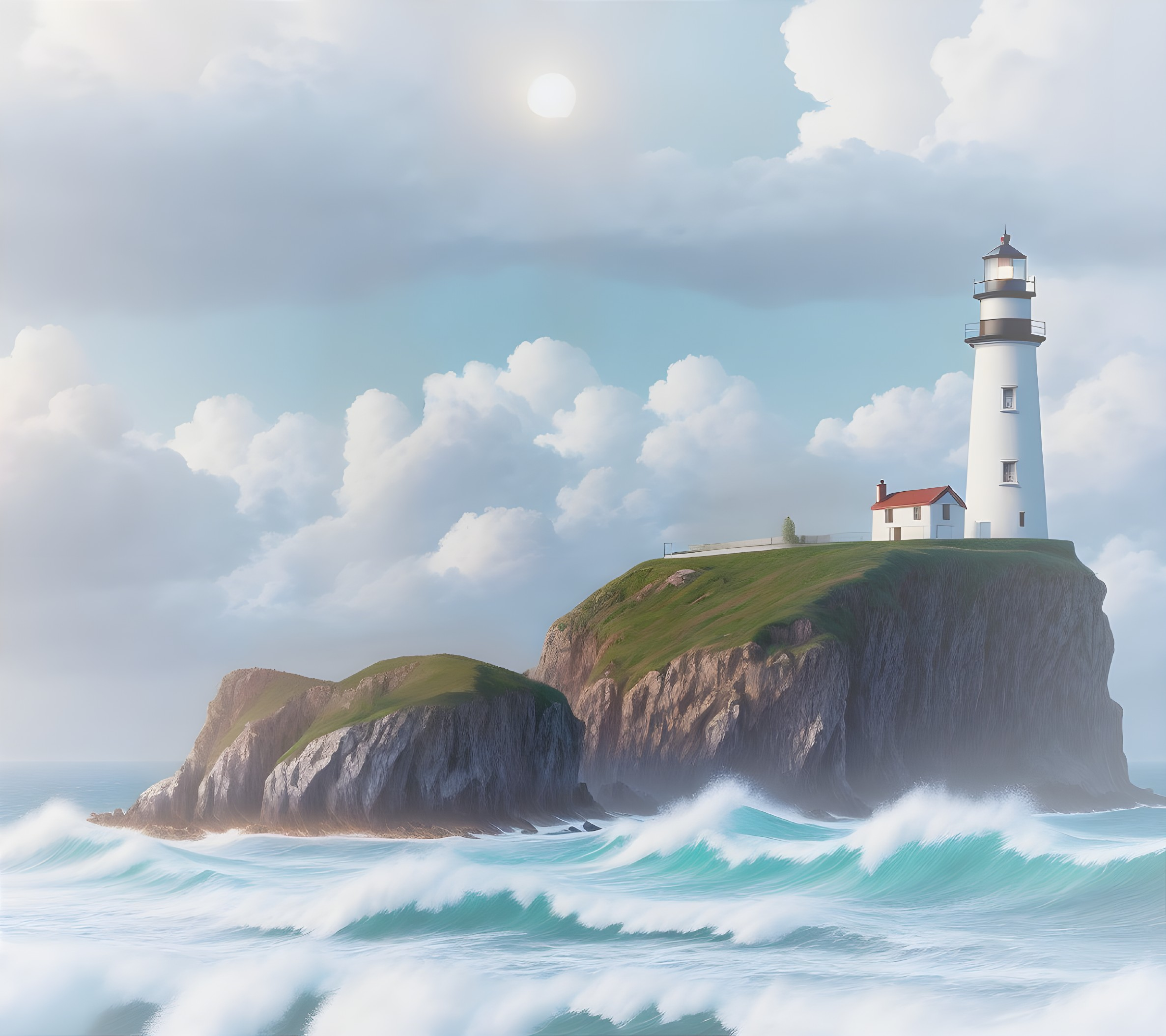 Coastal Scene with Lighthouse and Turquoise Waves