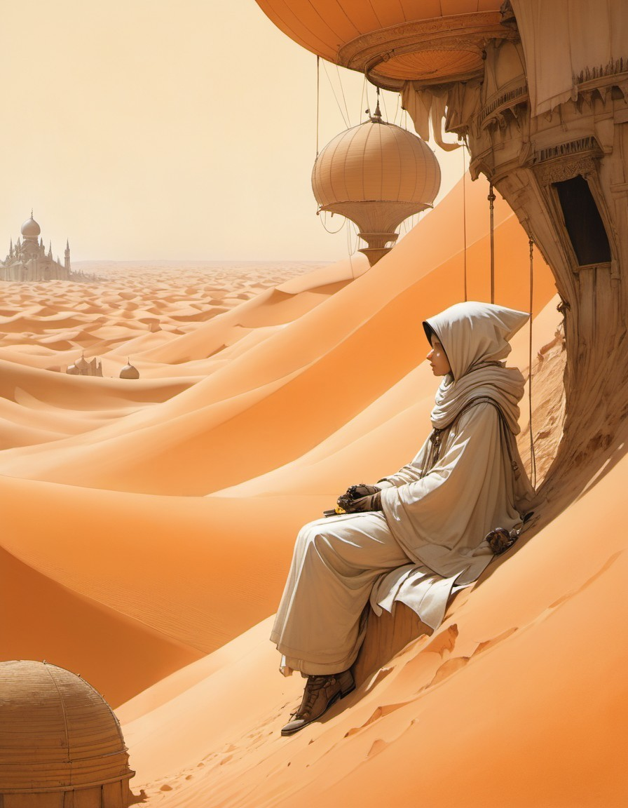 Person in white robes gazes at desert with airships