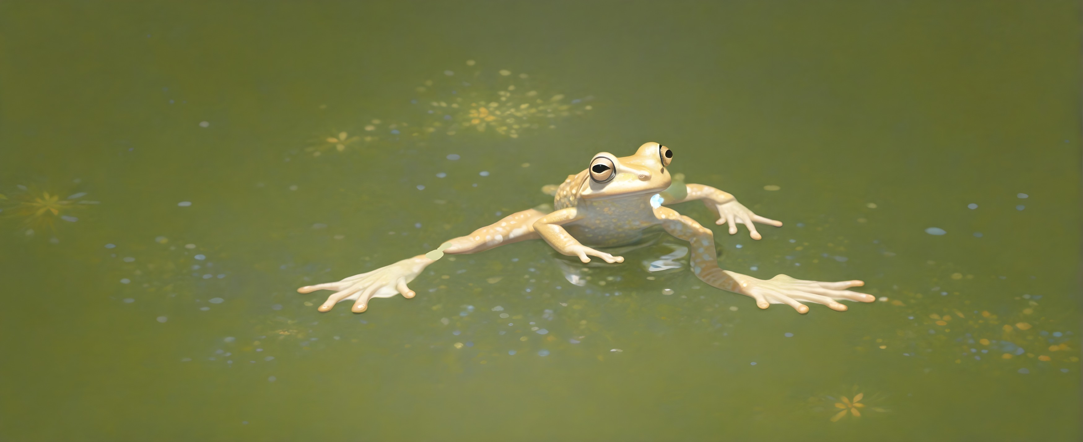 Frog Floating on Water Surrounded by Small Flowers